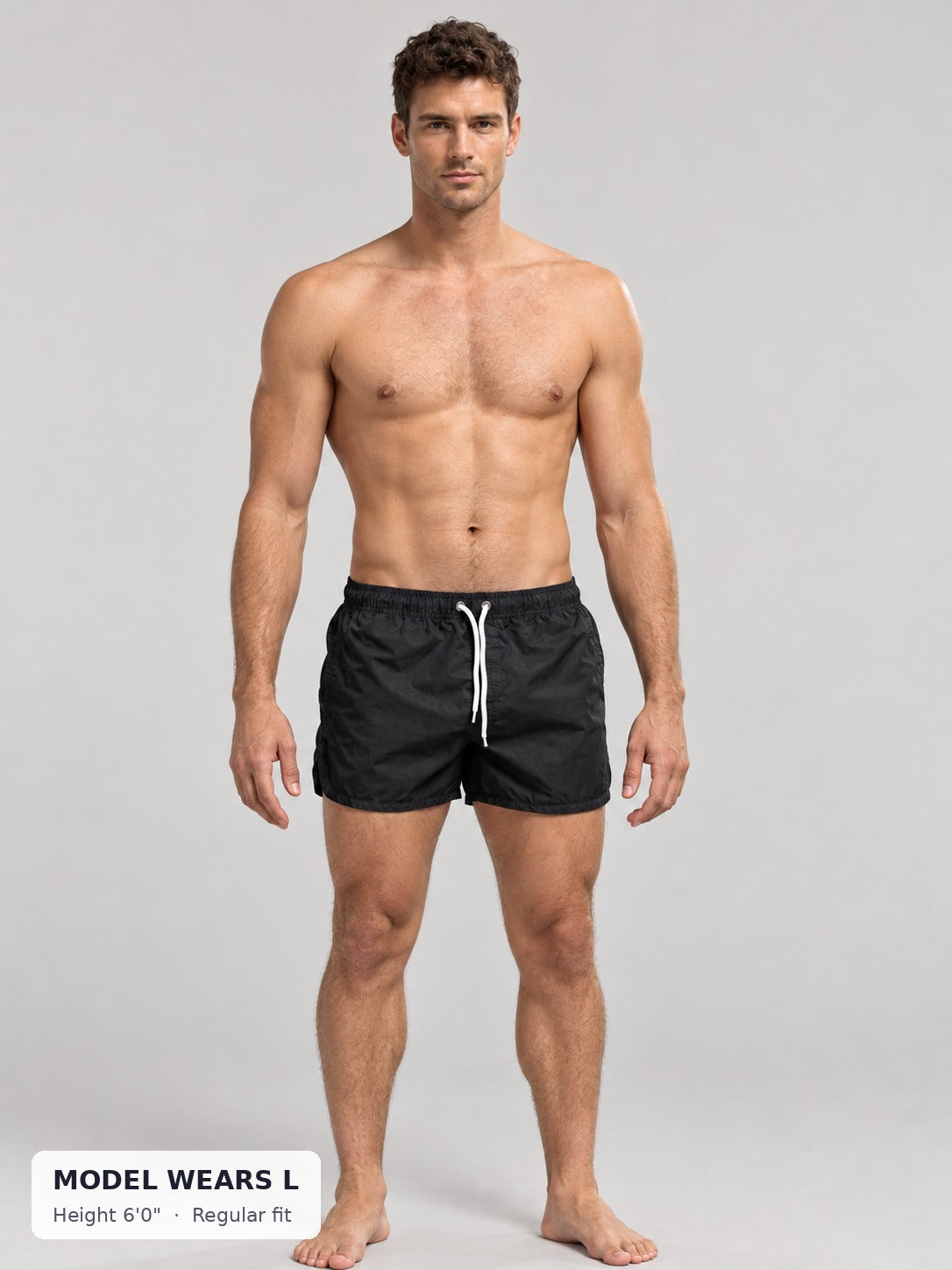 CODE 22 Drawstring Swim Shorts on an athletic model wearing size L, 6'0"