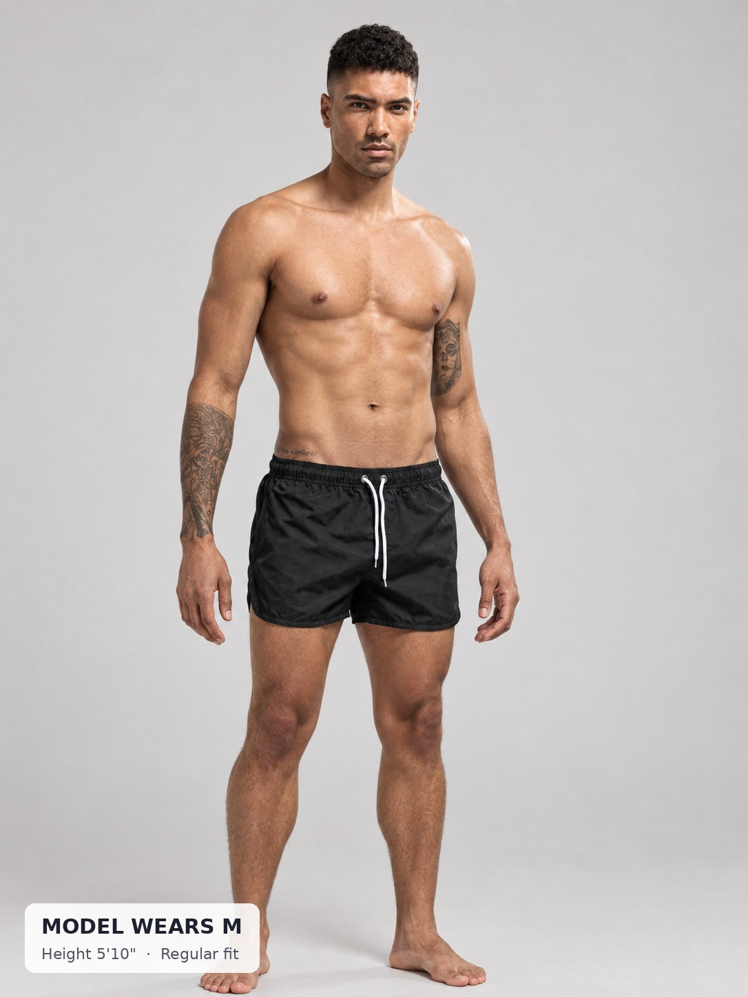 CODE 22 Drawstring Swim Shorts on a model wearing size M, 5'10"