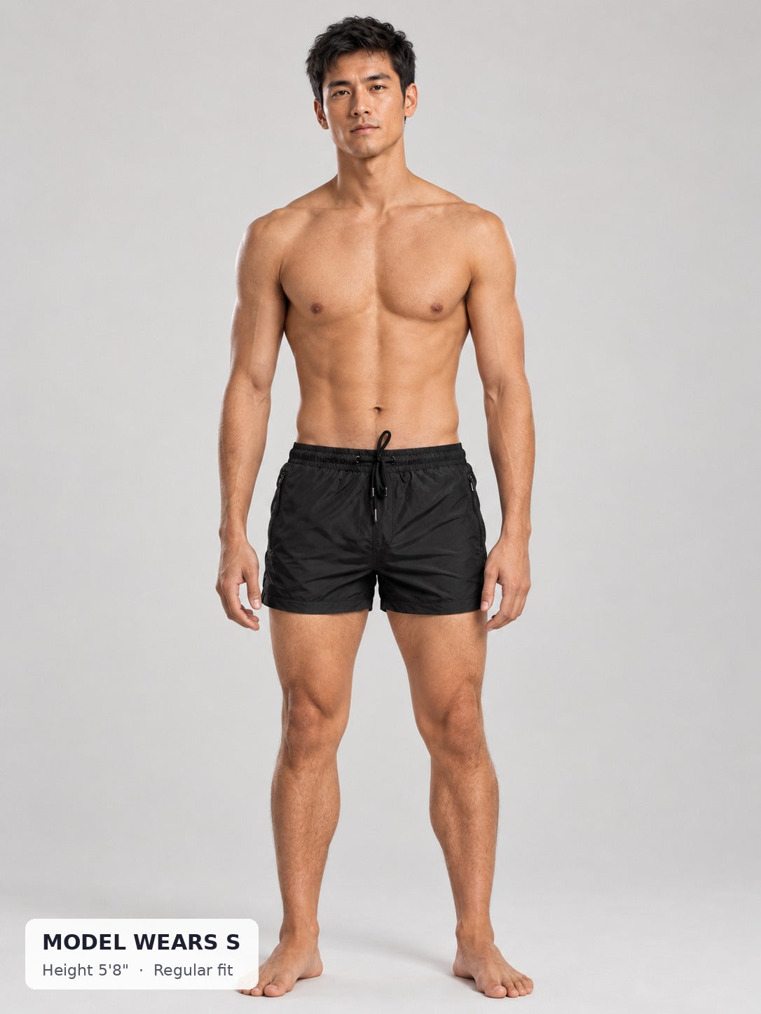 CODE 22 Solid Swim Trunks on a slim model wearing size S, 5'8"