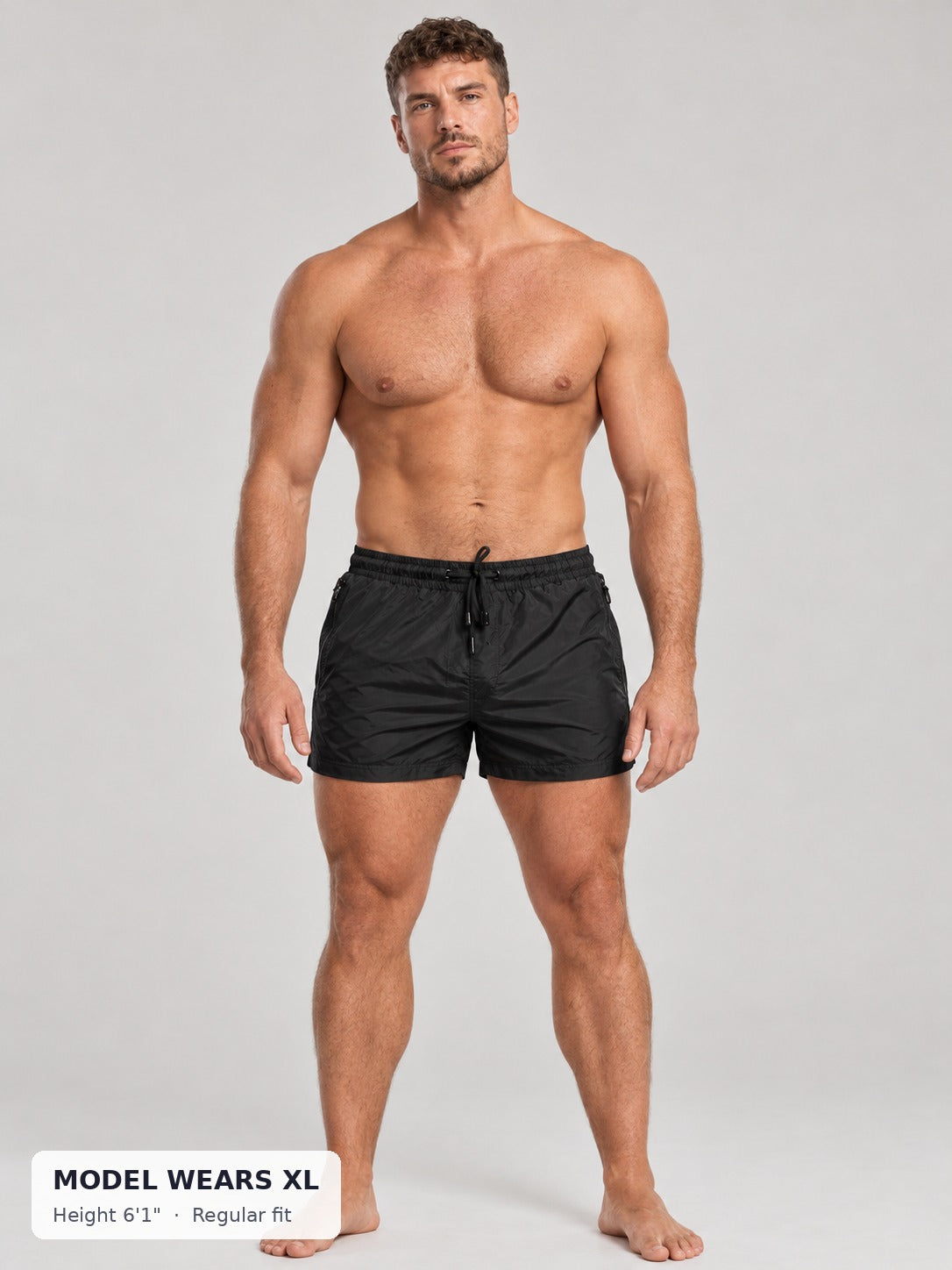 CODE 22 Solid Swim Trunks on a model wearing size XL, 6'1"