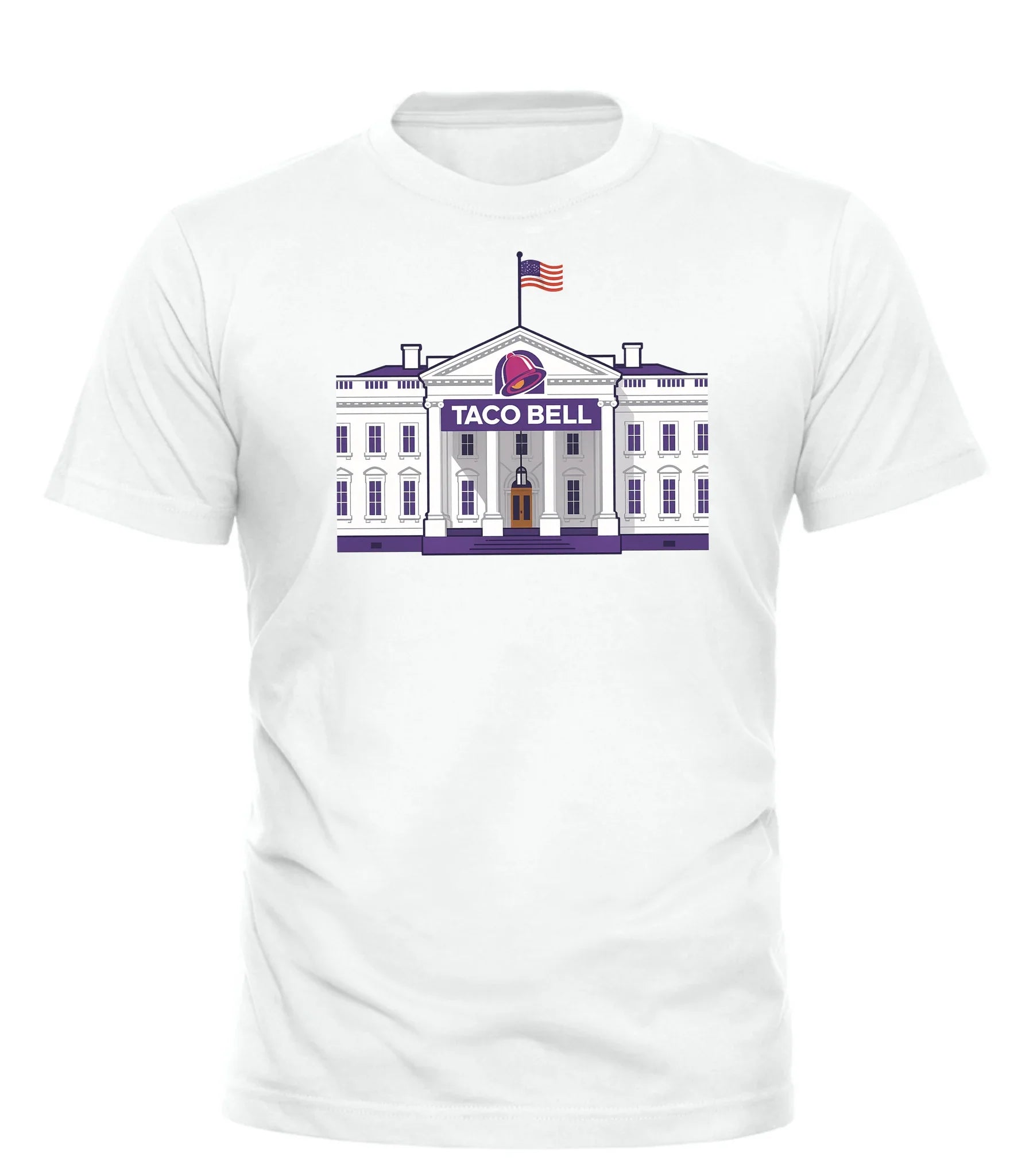 Good Trouble Garments white taco bell parody shirt featuring White House design with Taco Bell logo