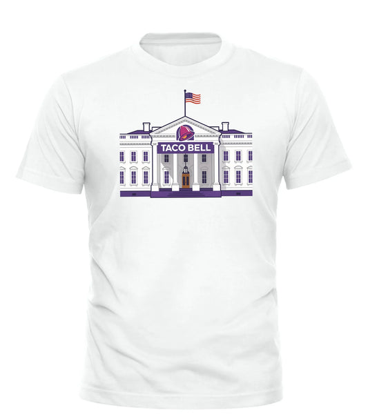 Good Trouble Garments white taco bell parody shirt featuring White House design with Taco Bell logo