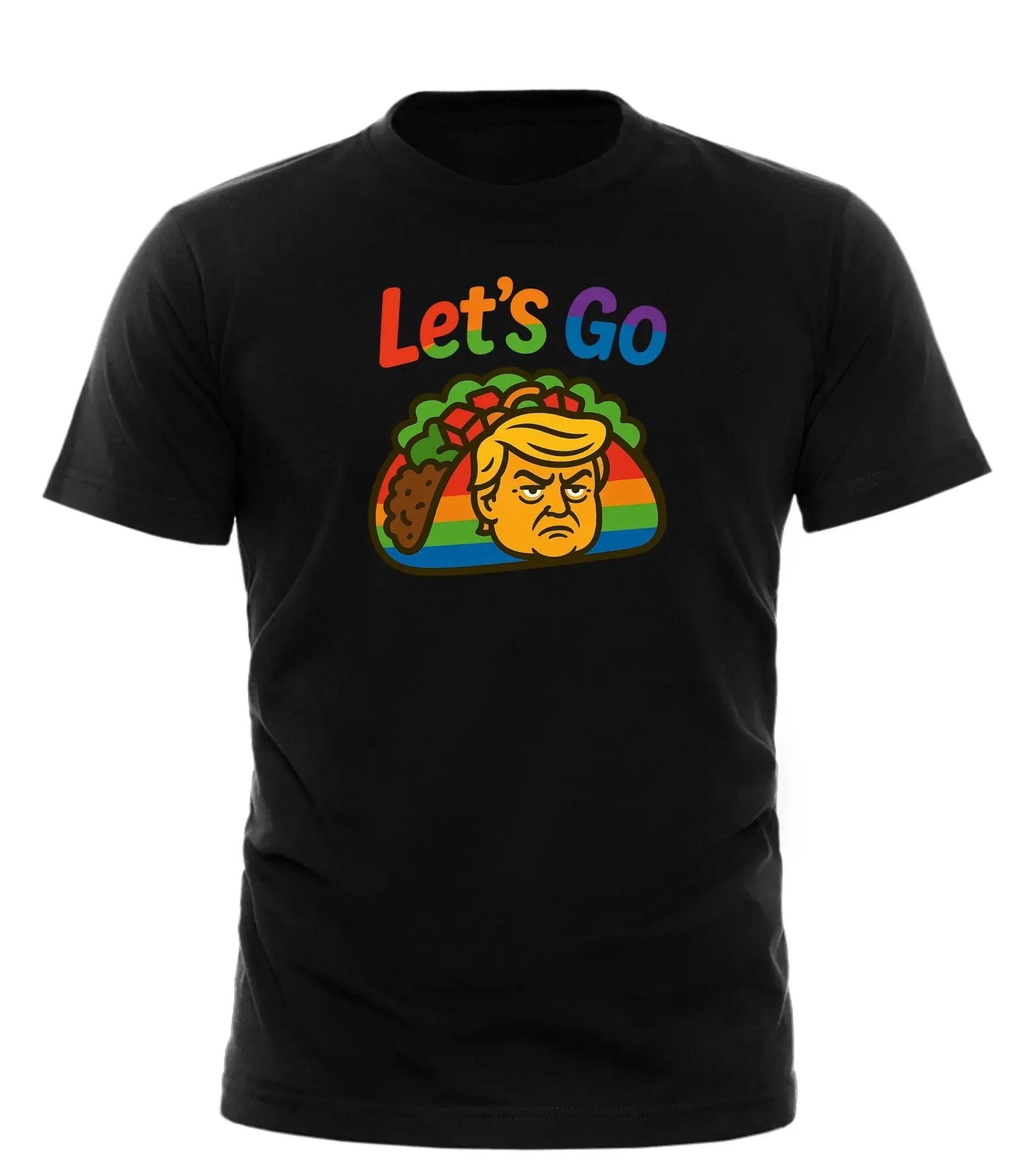 Good Trouble Garments black taco pride t-shirt with colorful text and a taco featuring a caricature face