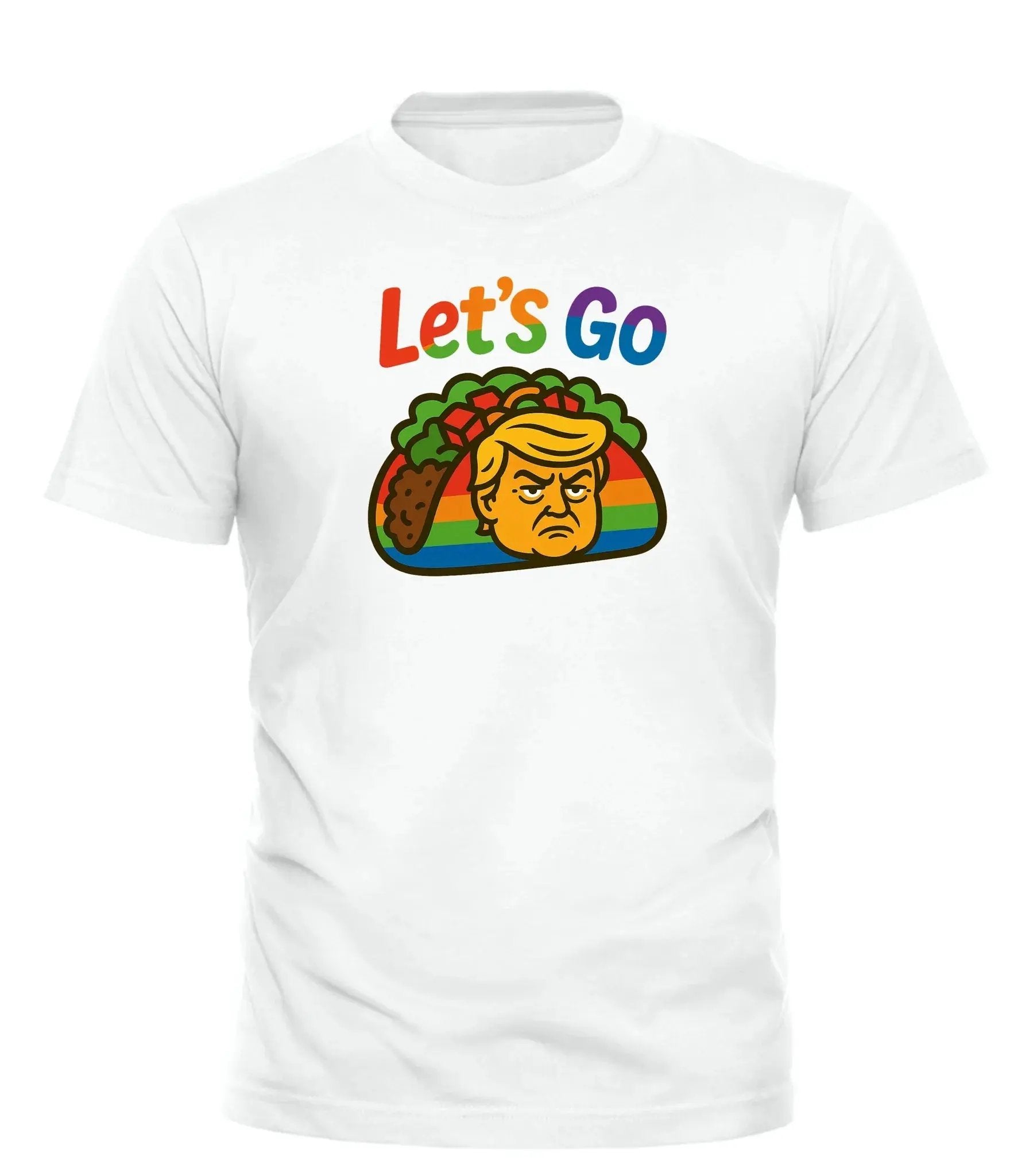 Good Trouble Garments white taco pride t-shirt with colorful Let’s Go text and taco graphic