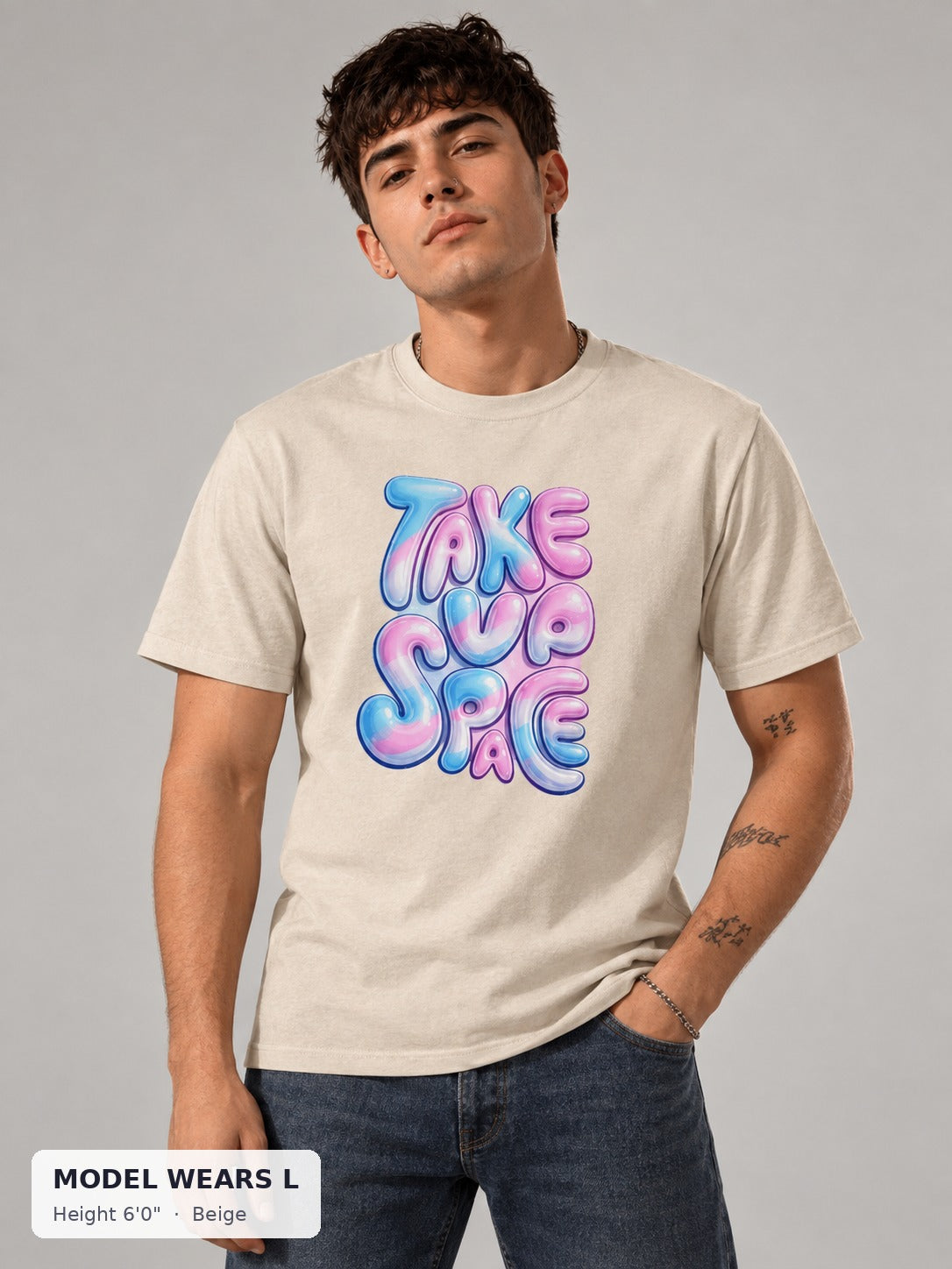 Take Up Space Tee in Beige on an athletic model wearing size L, 6'0" - Good Trouble Fashion