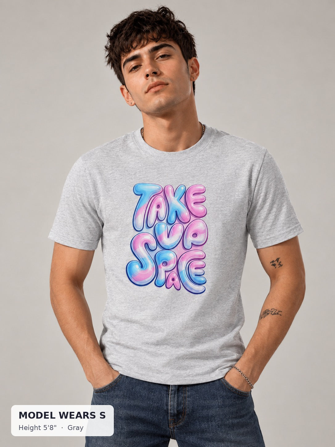 Take Up Space Tee in Gray on a slim model wearing size S, 5'8" - Good Trouble Fashion
