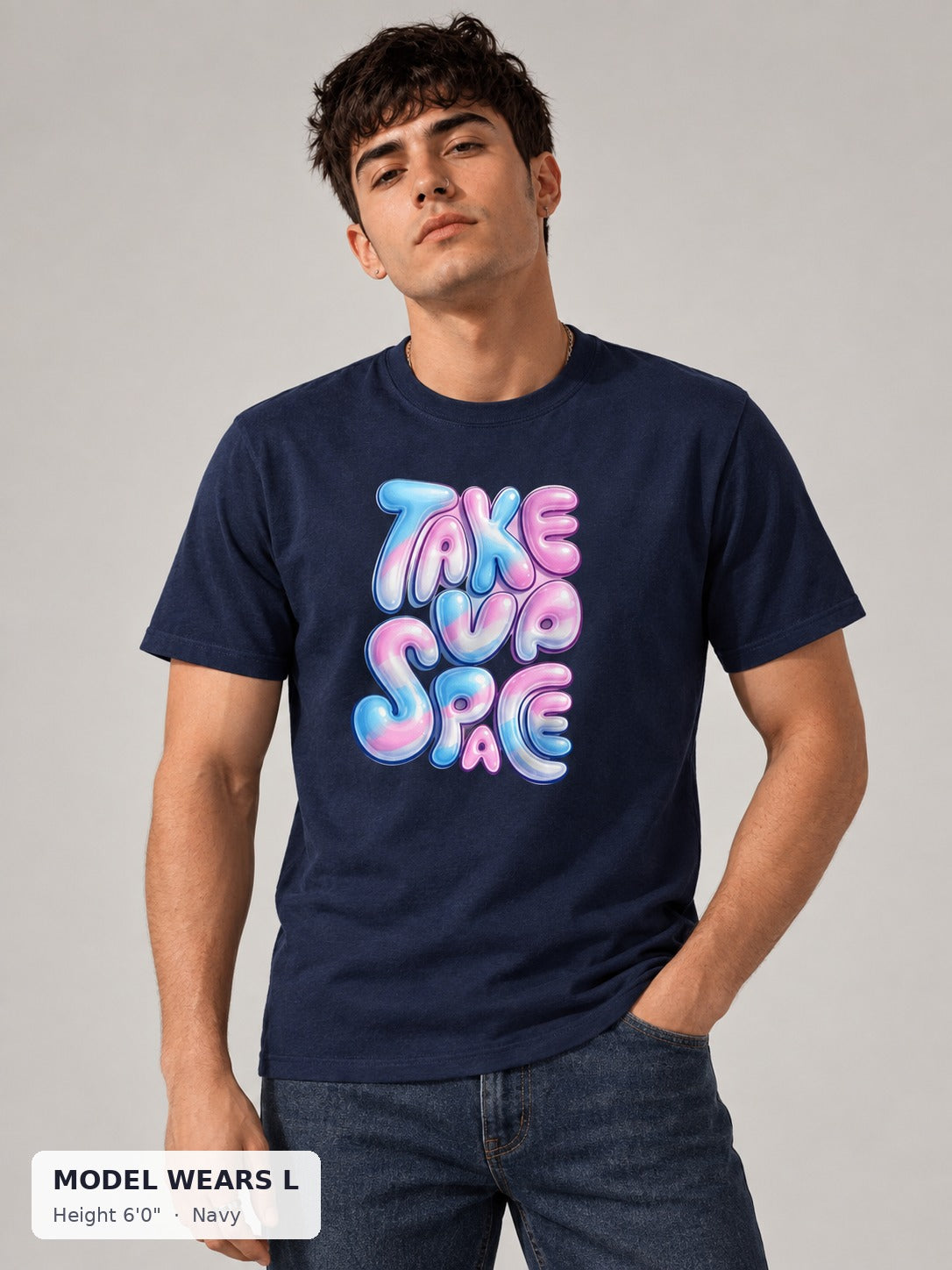 Take Up Space Tee in Navy on an athletic model wearing size L, 6'0" - Good Trouble Fashion