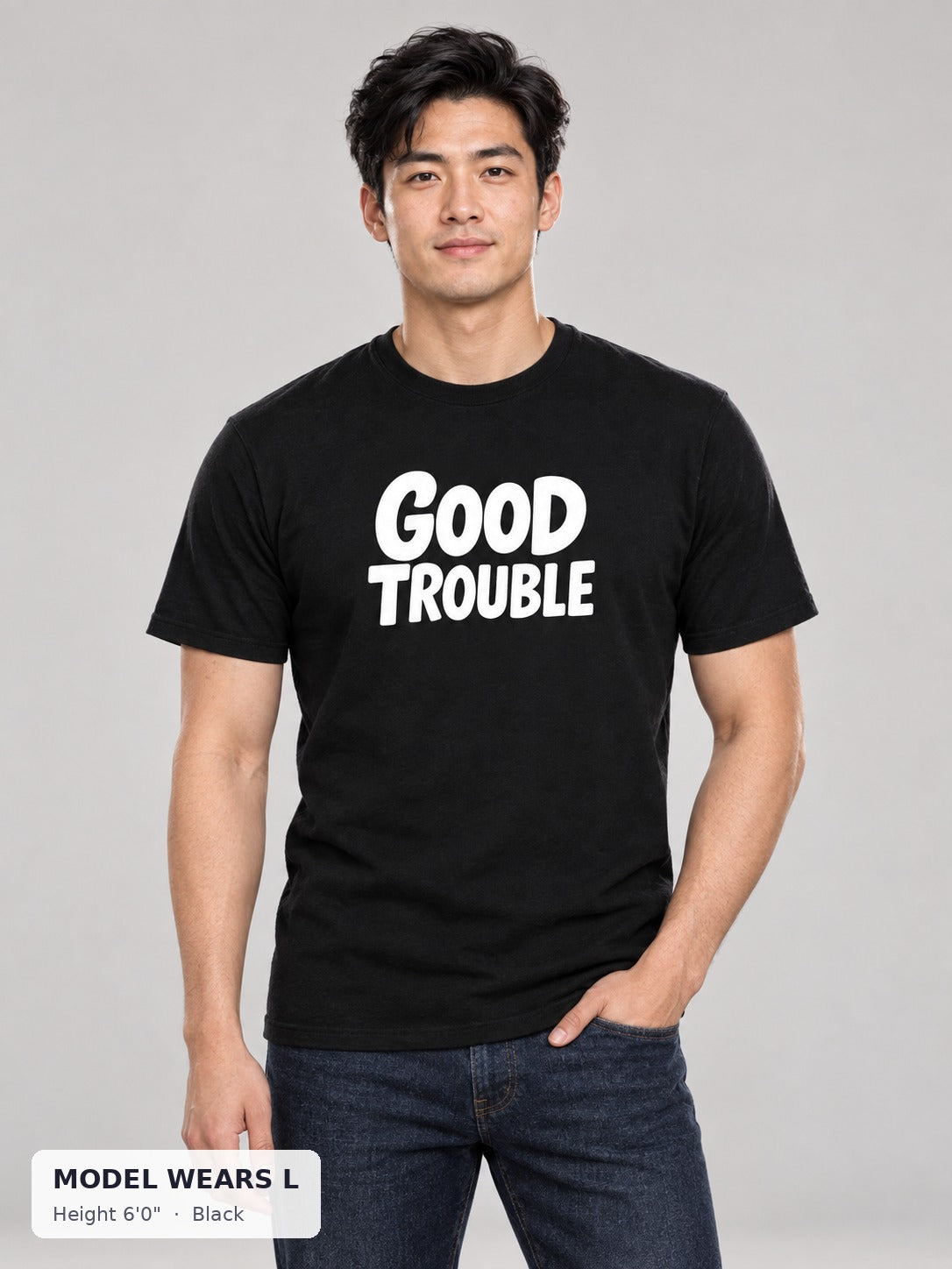 The Bold Good Trouble Tee in Black on an athletic model wearing size L, 6'0" - Good Trouble Fashion