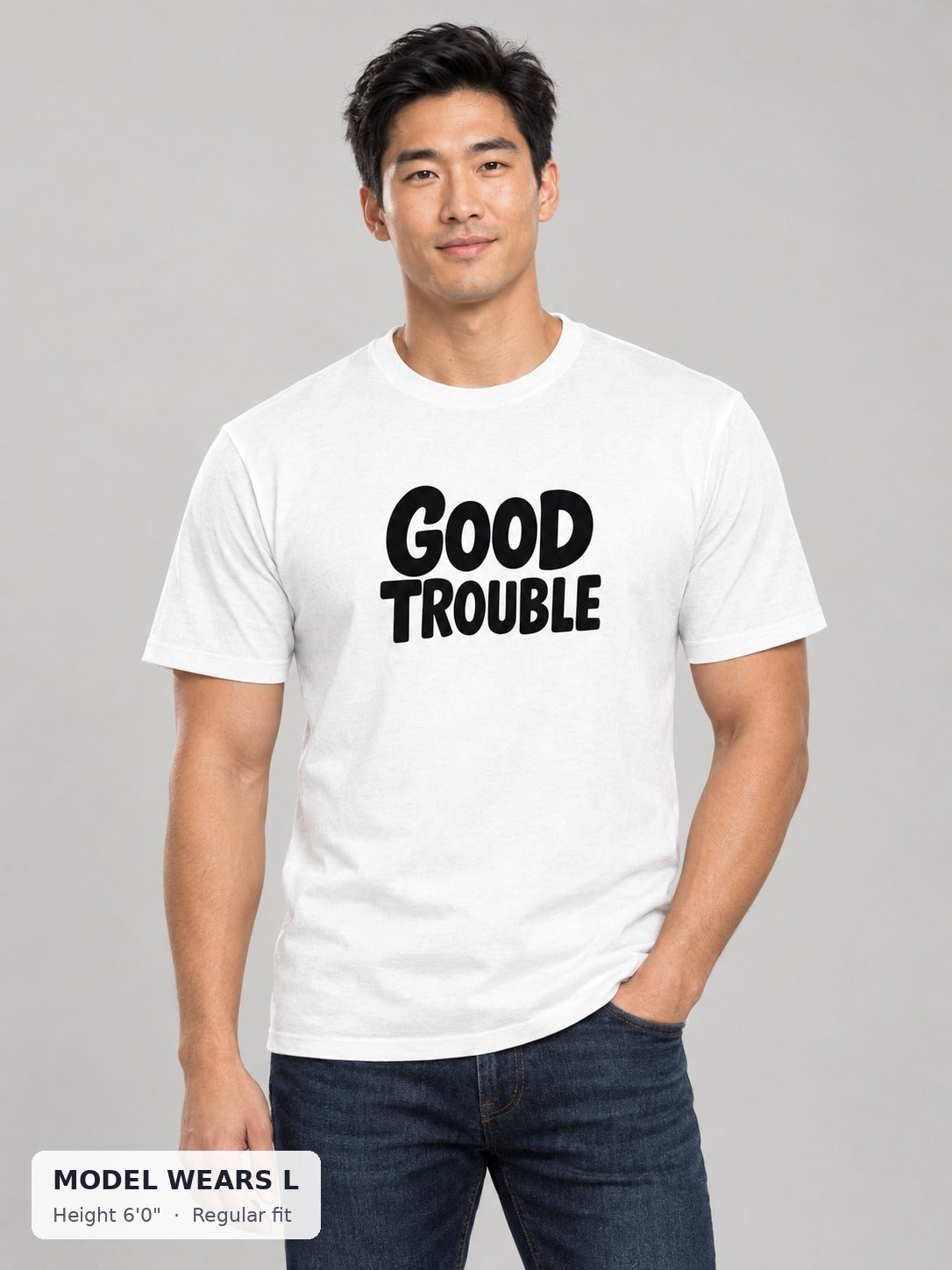 The Bold Good Trouble Tee on an athletic model wearing size L, 6'0" - Good Trouble Fashion