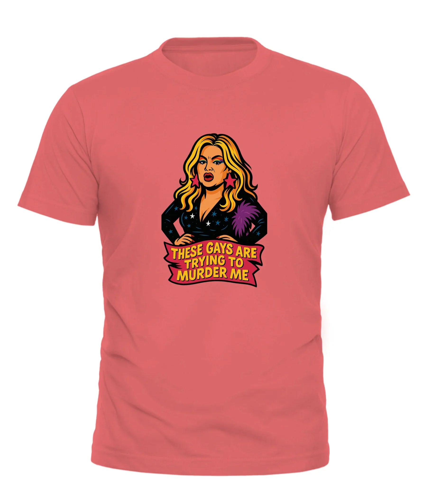 Coral Good Trouble Garments t-shirt featuring a graphic and text these gays are trying to murder me shirt