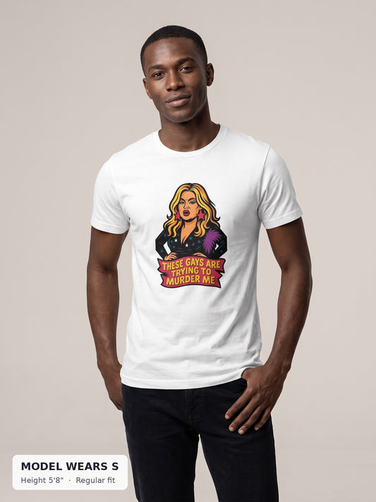 These Gays Are Trying to Murder Me Tee on a slim model wearing size S, 5'8" - Good Trouble Fashion