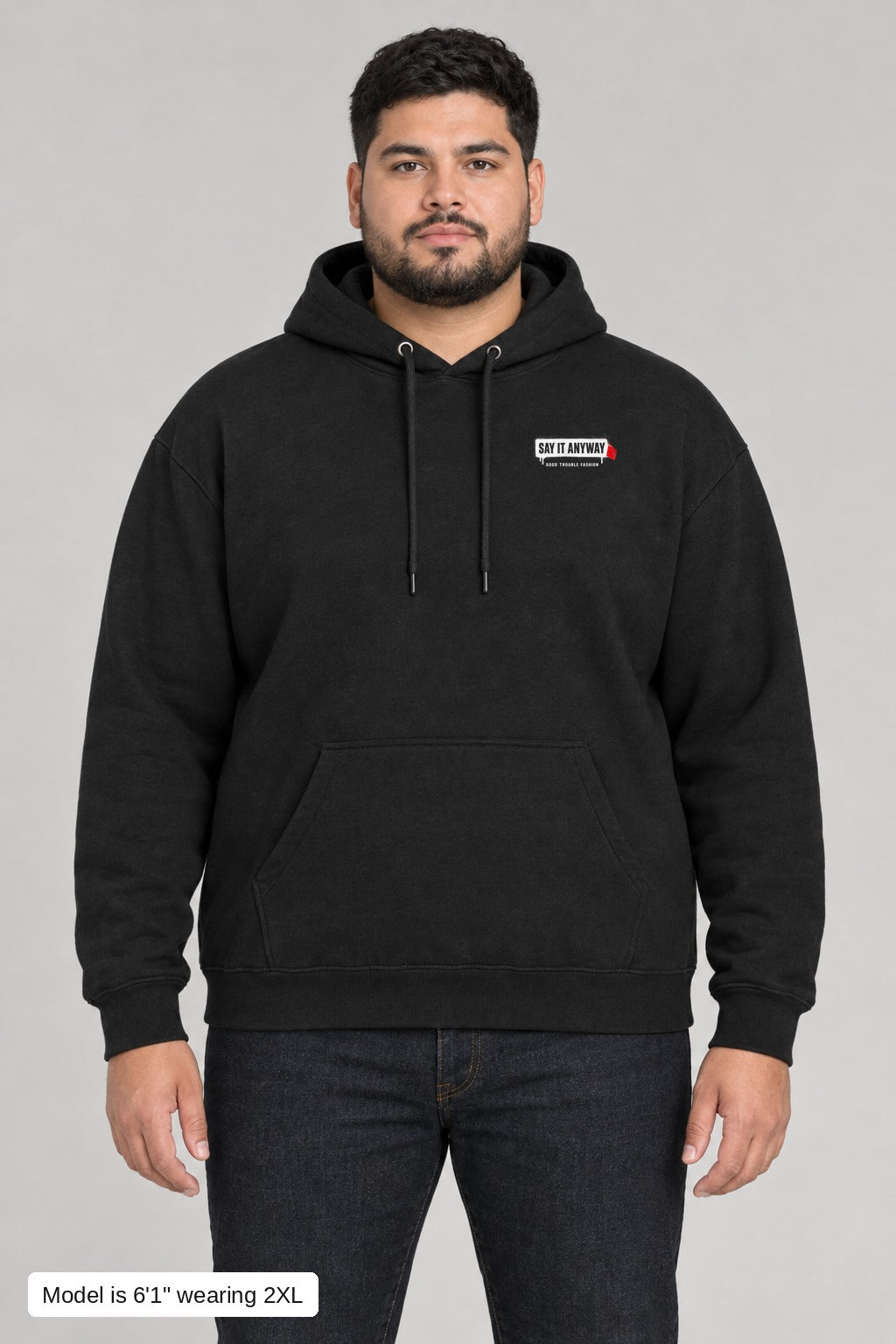 They Can't Censor All of Us Hoodie in Black, front, on a plus-size model wearing size 2XL, 6'1" - Good Trouble Fashion