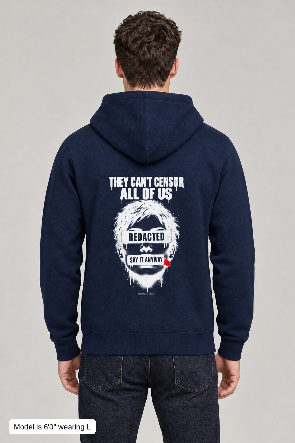 They Can't Censor All of Us Hoodie in Navy, back, white-ink censored face print, on an athletic model wearing size L, 6'0" - Good Trouble Fashion