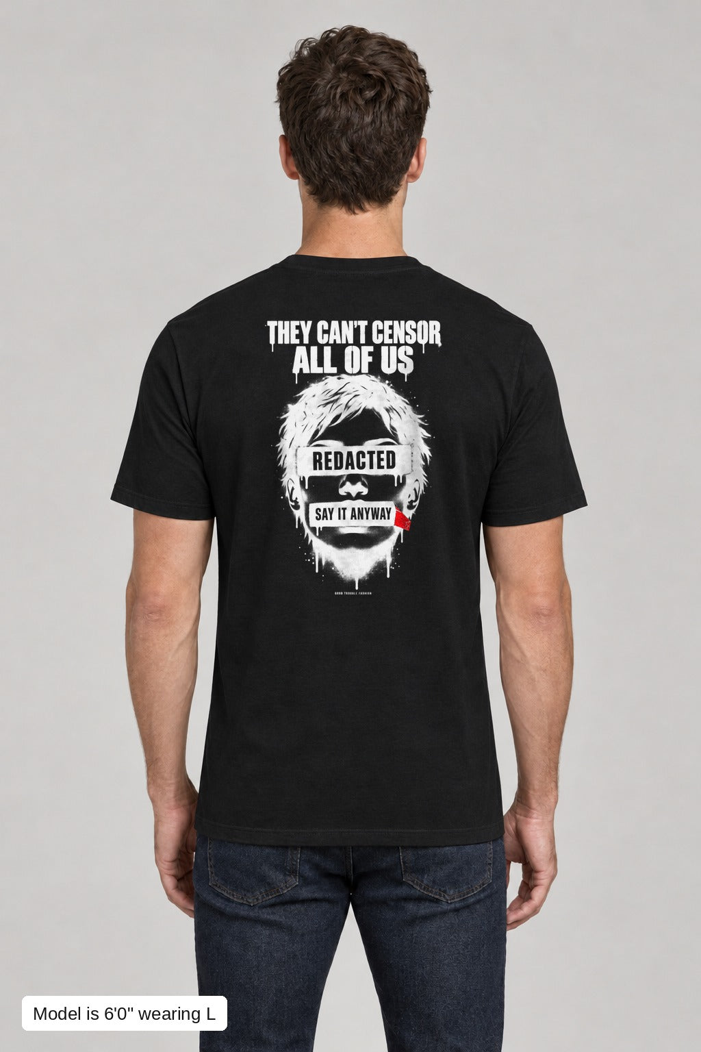 They Can't Censor All of Us Tee in Black, back, censored stencil face print, on an athletic model wearing size L, 6'0" - Good Trouble Fashion