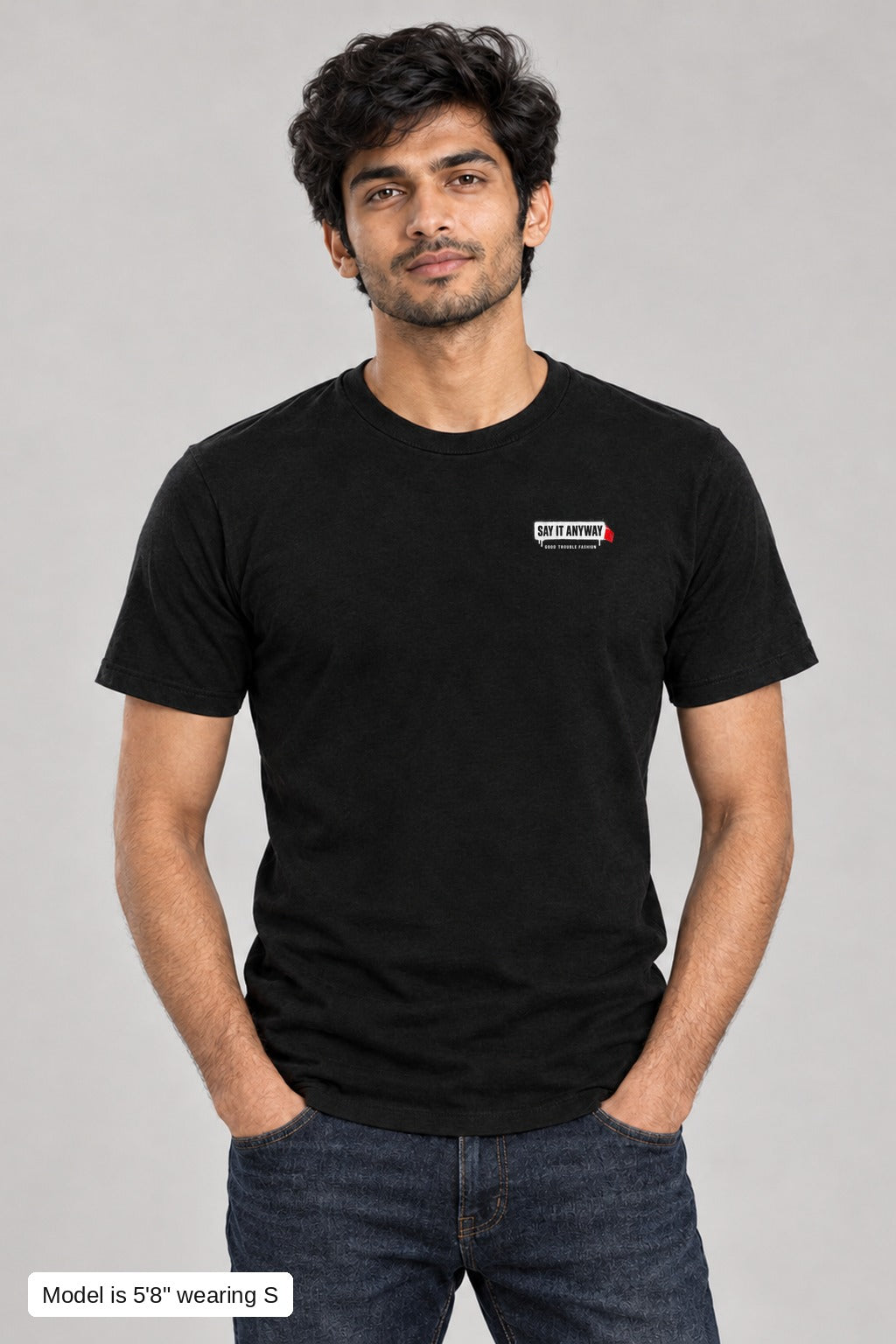 They Can't Censor All of Us Tee in Black, front, left-chest SAY IT ANYWAY censor bar print, on a slim model wearing size S, 5'8" - Good Trouble Fashion