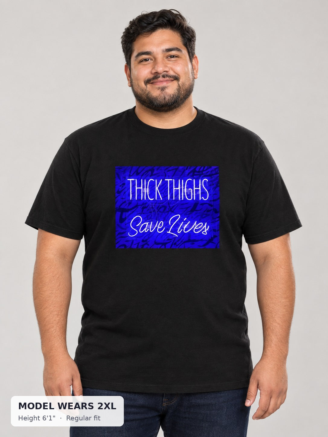 Thick Thighs Save Lives Tee on a plus-size model wearing size 2XL, 6'1" - Good Trouble Fashion