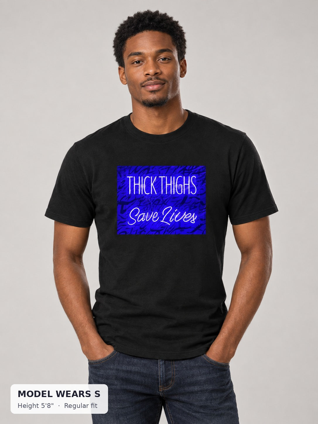 Thick Thighs Save Lives Tee on a slim model wearing size S, 5'8" - Good Trouble Fashion