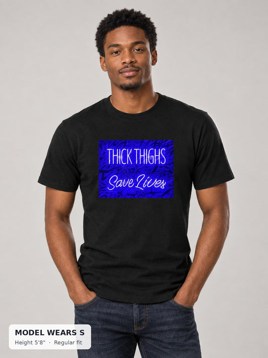 Thick Thighs Save Lives Tee on a slim model wearing size S, 5'8" - Good Trouble Fashion