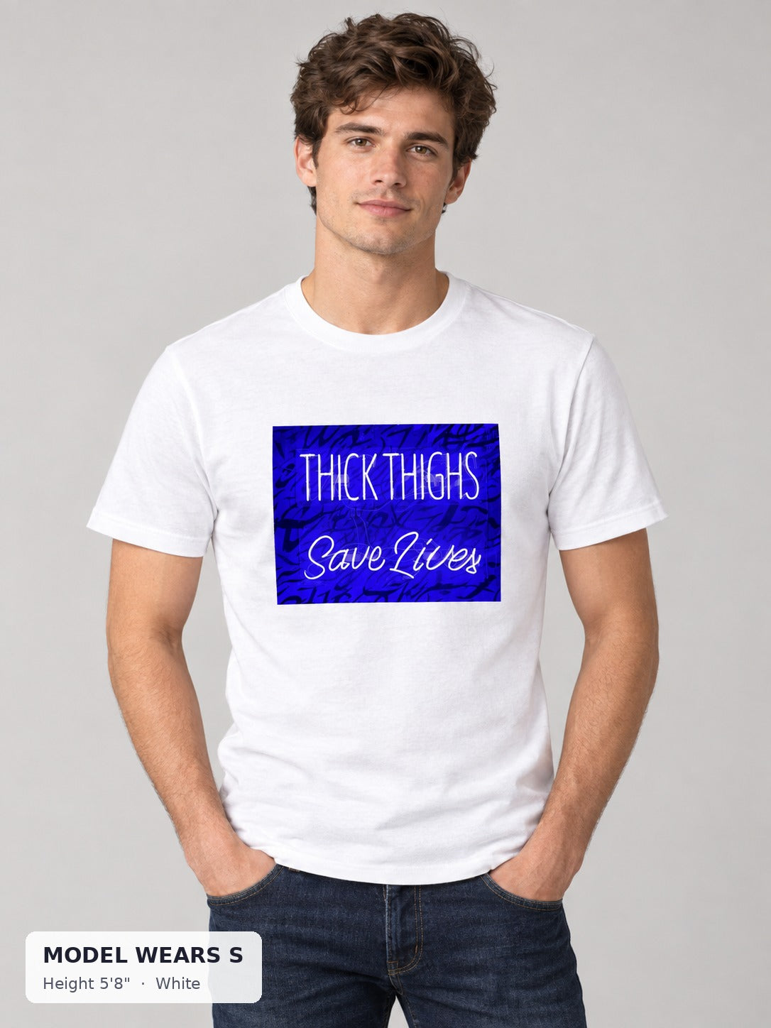 Thick Thighs Save Lives Tee in White on a slim model wearing size S, 5'8" - Good Trouble Fashion