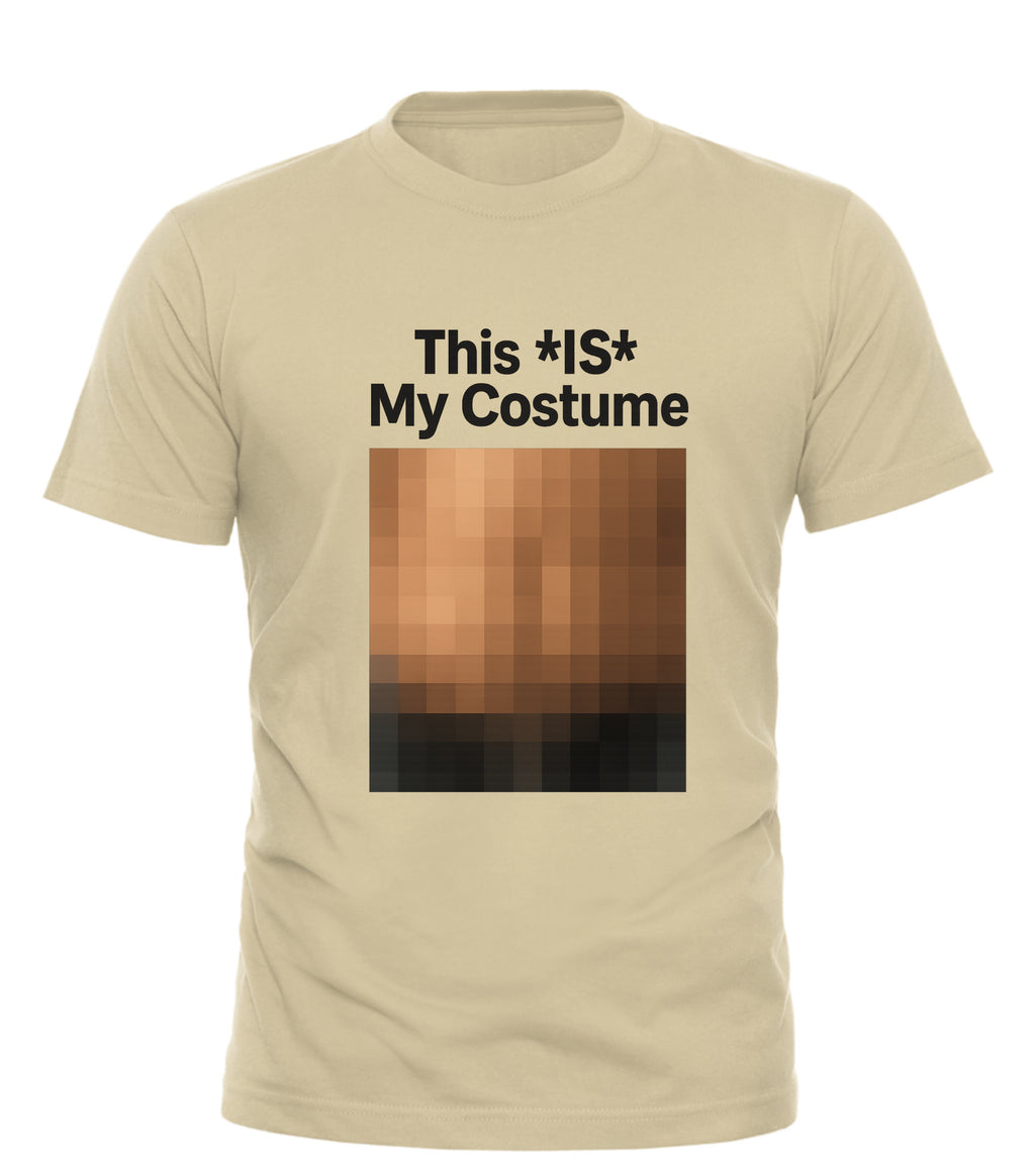 Beige Good Trouble Garments this is my costume tee with bold black text and pixelated graphic on front
