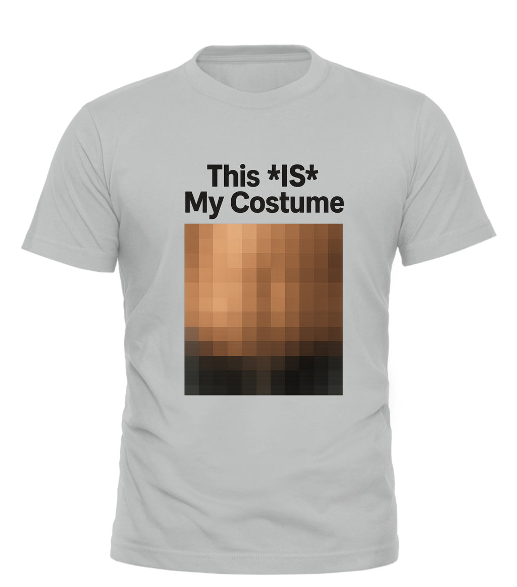 Good Trouble Garments gray t-shirt with bold black text this is my costume tee above pixelated graphic on front