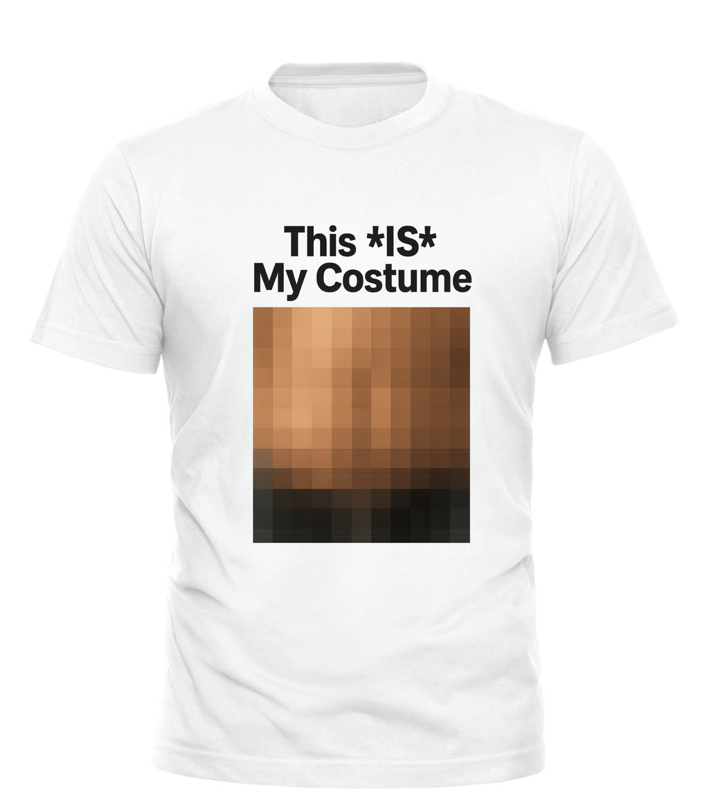 White Good Trouble Garments t-shirt featuring the phrase this is my costume tee with pixelated graphic