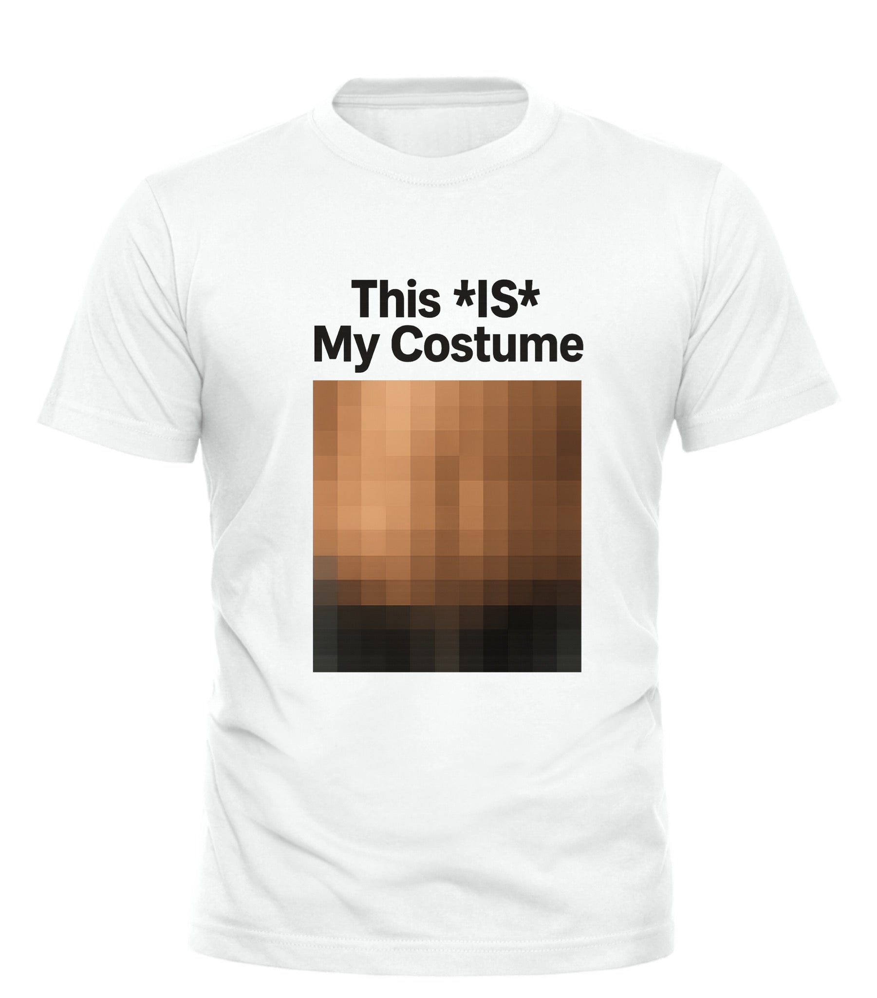 White Good Trouble Garments t-shirt featuring the phrase this is my costume tee with pixelated graphic
