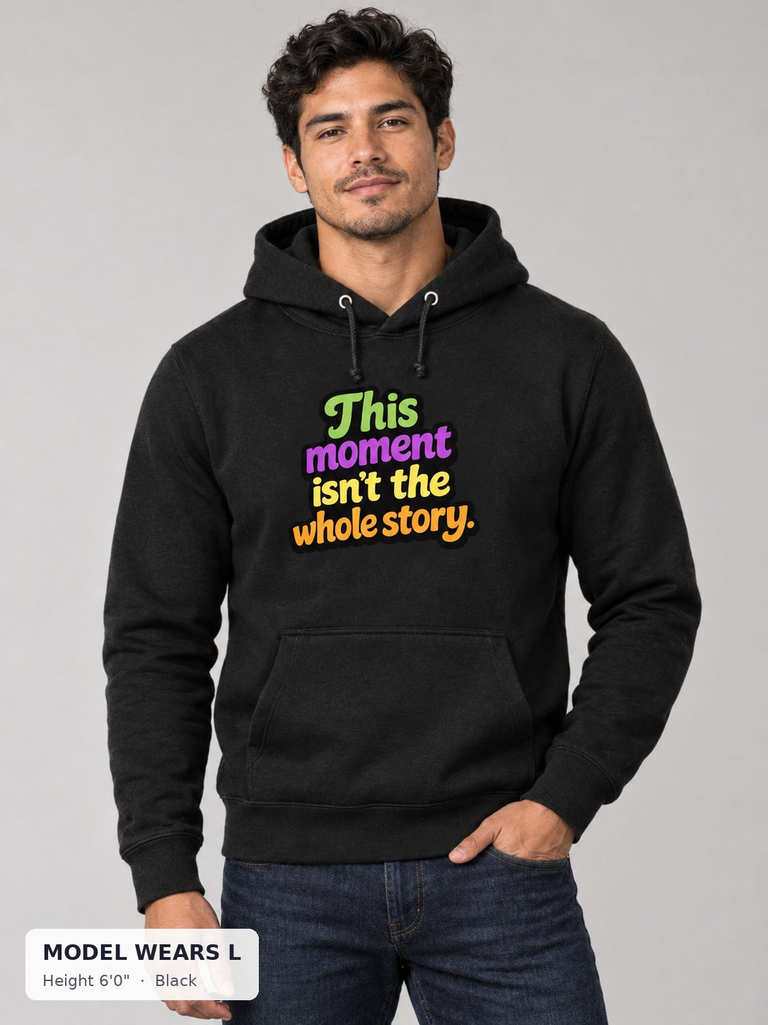 This Isn't the Whole Story Hoodie in Black on an athletic model wearing size L, 6'0" - Good Trouble Fashion