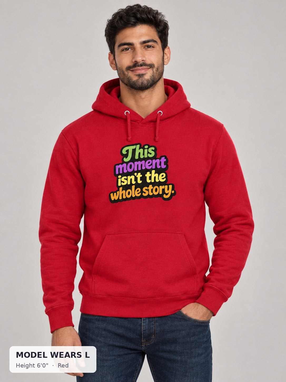 This Isn't the Whole Story Hoodie in Red on an athletic model wearing size L, 6'0" - Good Trouble Fashion