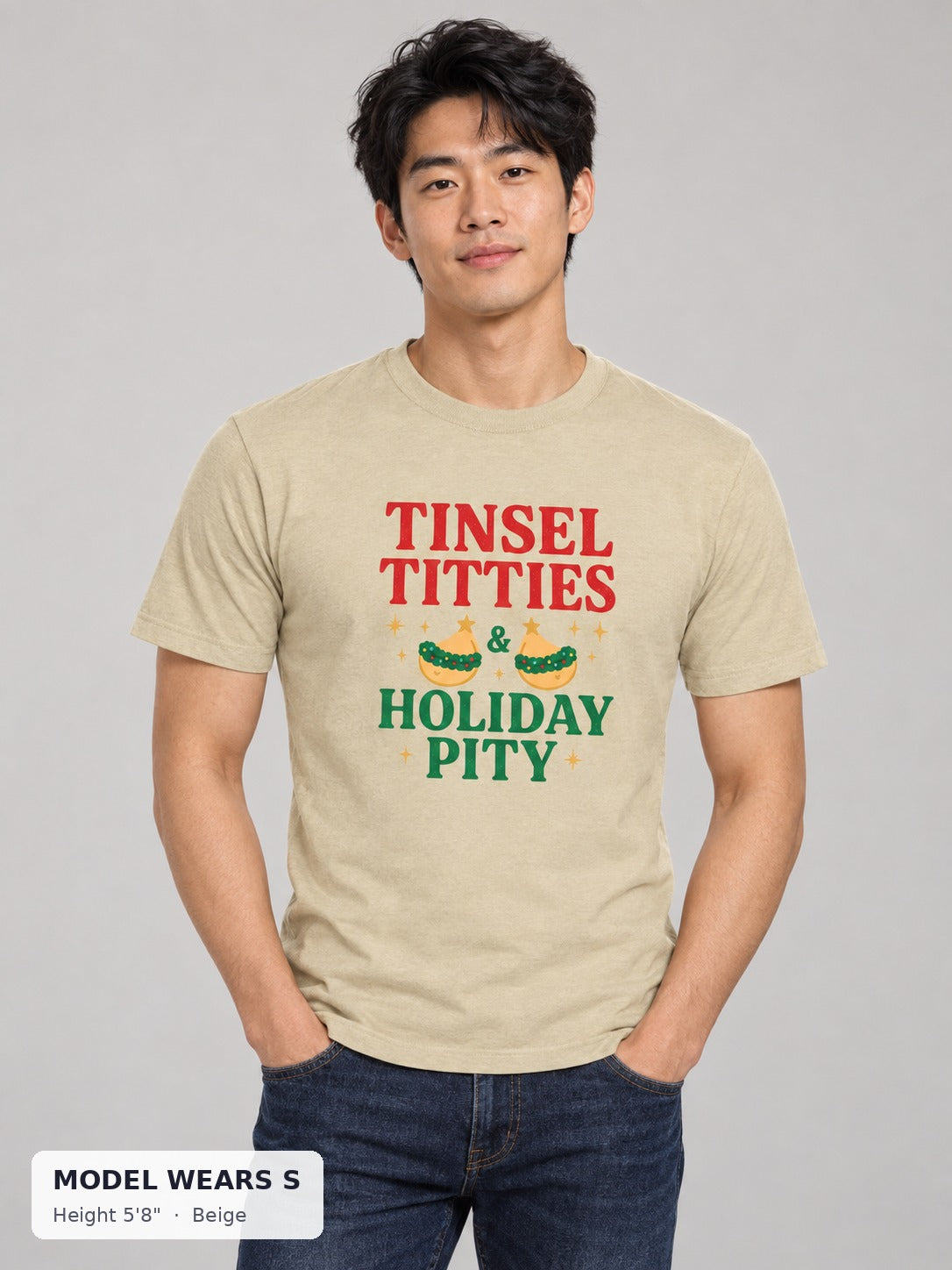 Tinsel Titties Holiday Tee in Beige on a slim model wearing size S, 5'8" - Good Trouble Fashion