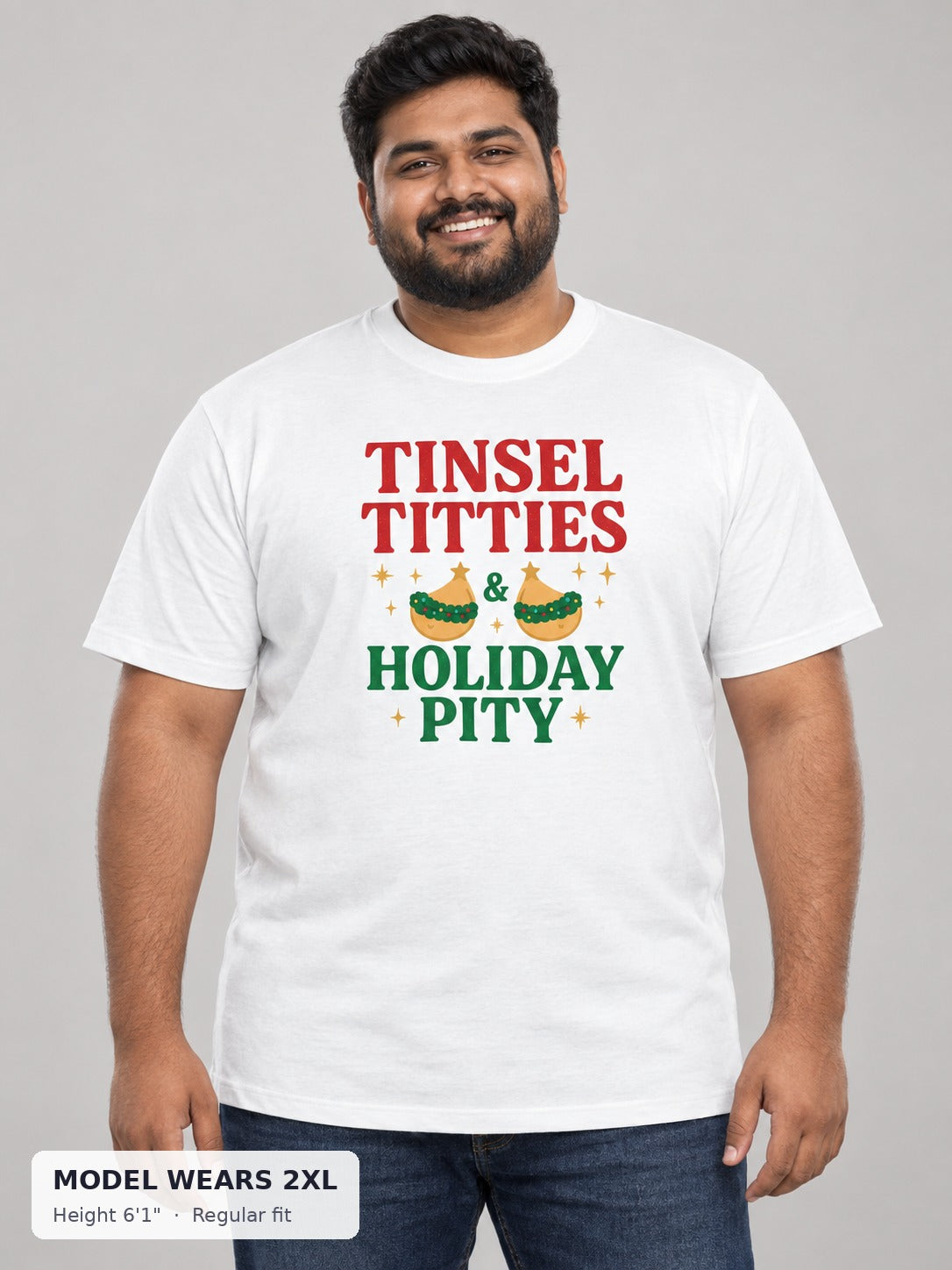 Tinsel Titties Holiday Tee on a plus-size model wearing size 2XL, 6'1" - Good Trouble Fashion