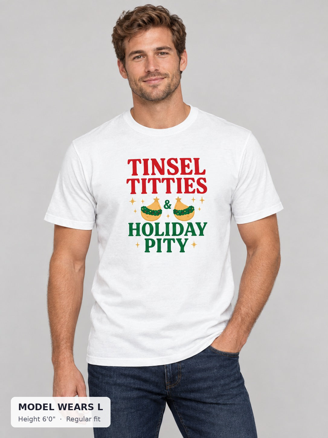 Tinsel Titties Holiday Tee on an athletic model wearing size L, 6'0" - Good Trouble Fashion