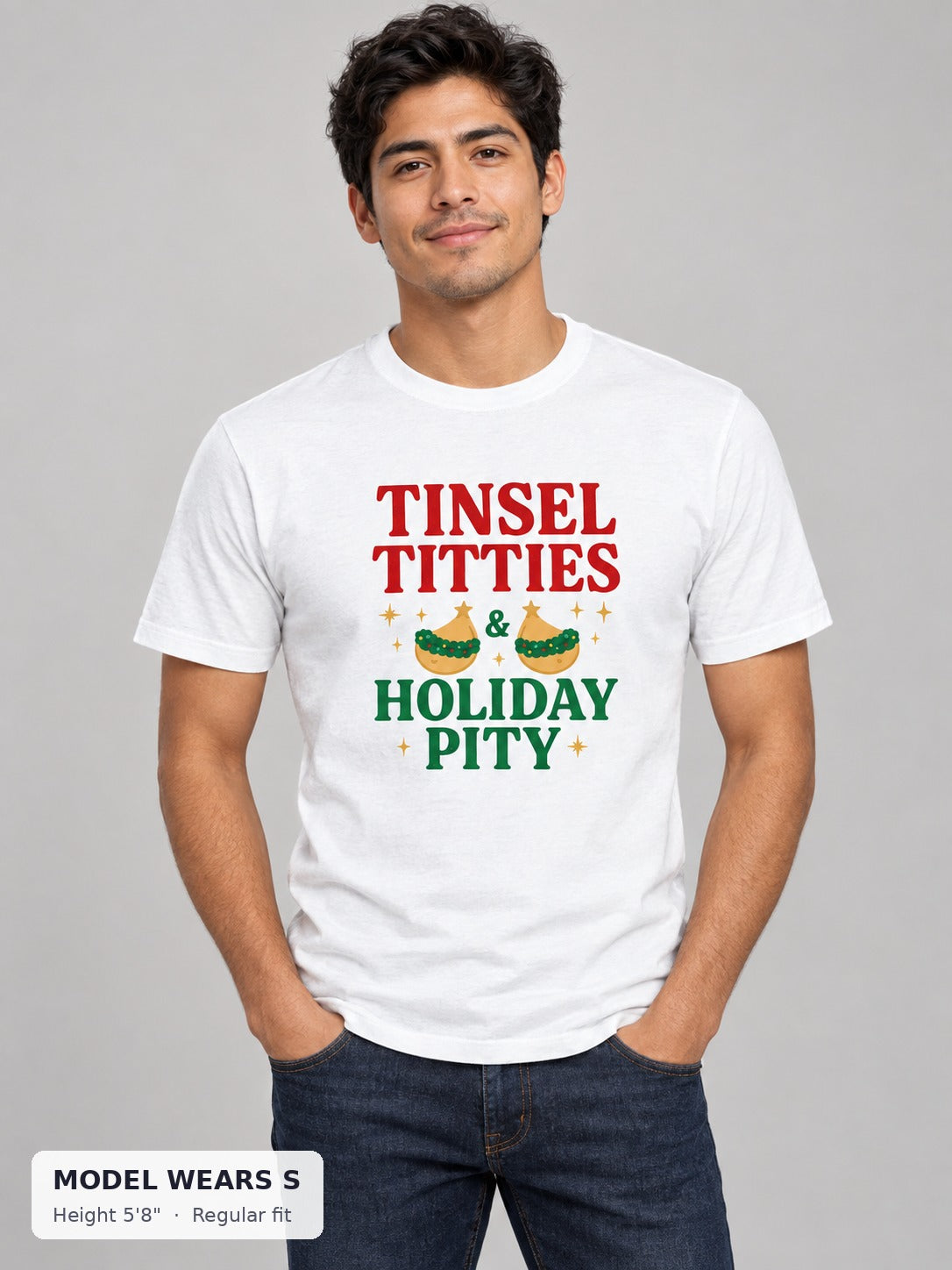 Tinsel Titties Holiday Tee on a slim model wearing size S, 5'8" - Good Trouble Fashion
