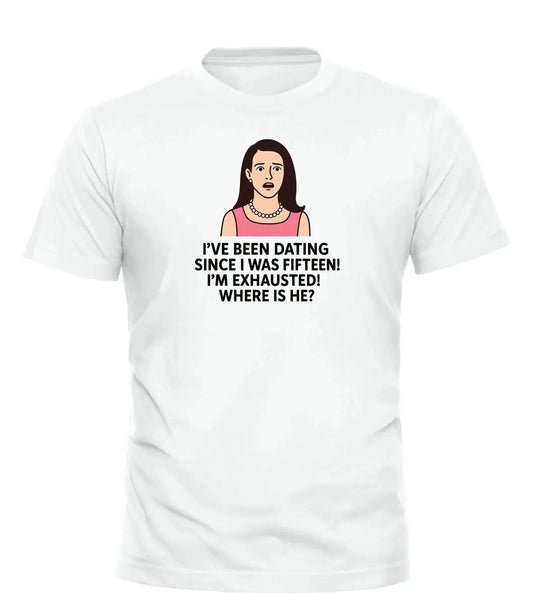 White t-shirt featuring tired charlotte quote t-shirt with an illustration of a frustrated character