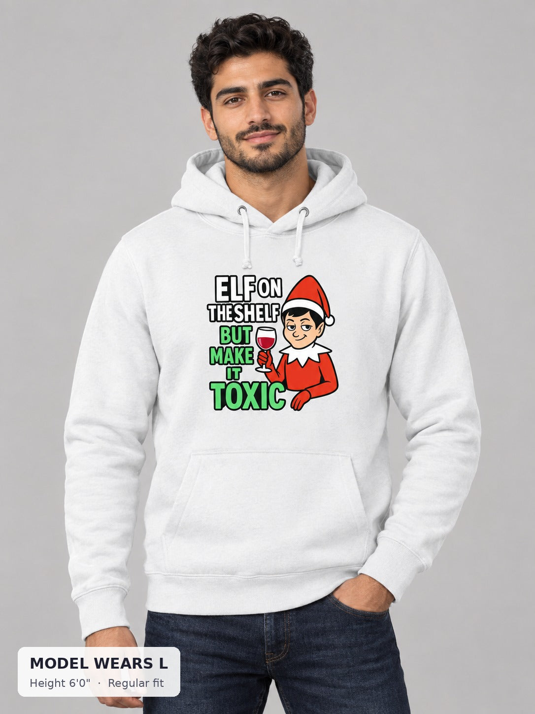 Toxic Elf on the Shelf Hoodie on an athletic model wearing size L, 6'0" - Good Trouble Fashion