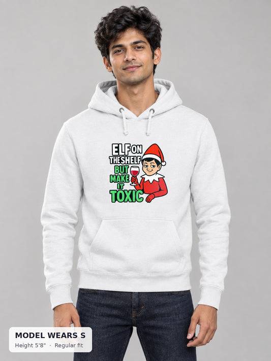 Toxic Elf on the Shelf Hoodie on a slim model wearing size S, 5'8" - Good Trouble Fashion
