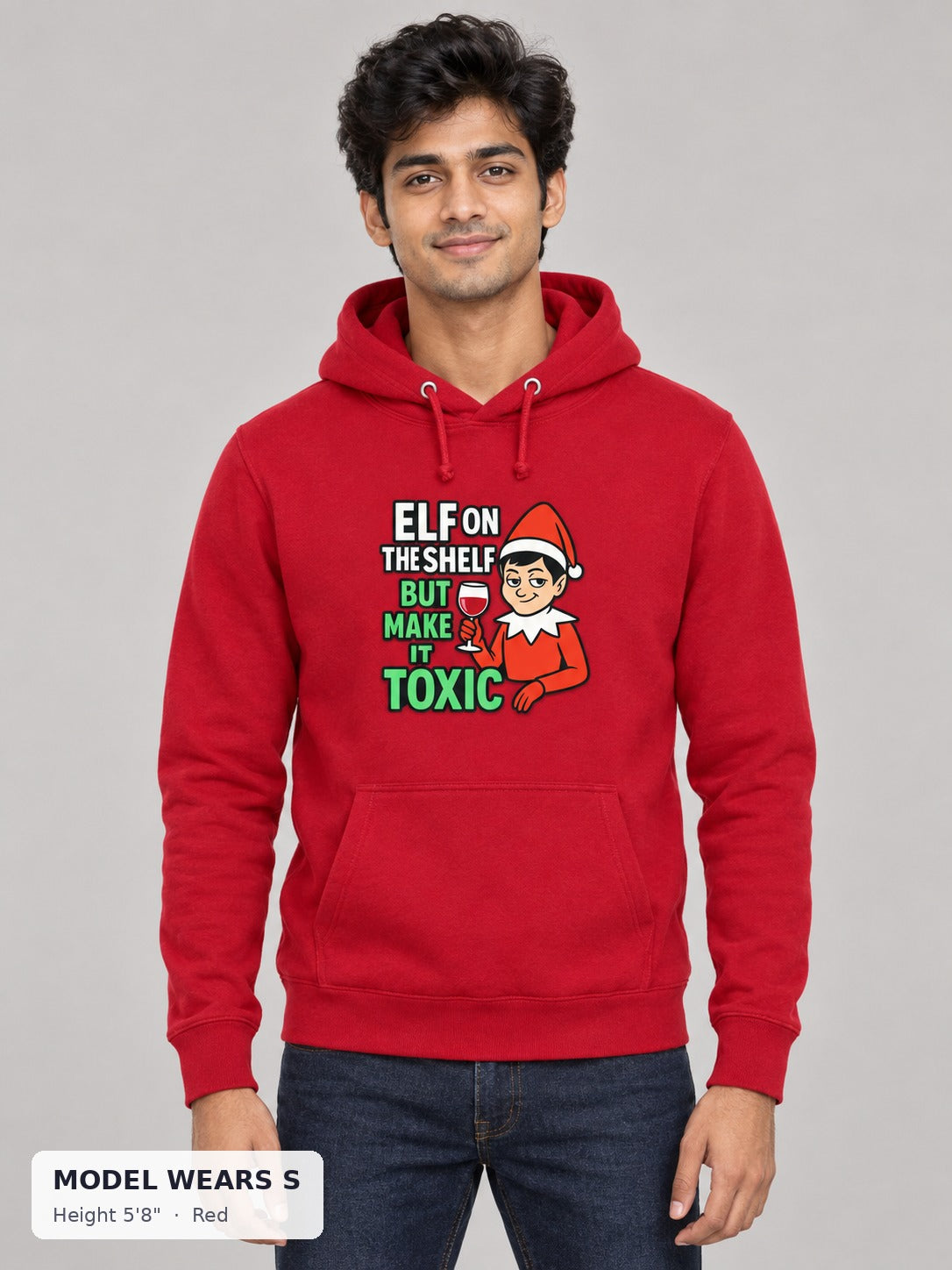Toxic Elf on the Shelf Hoodie in Red on a slim model wearing size S, 5'8" - Good Trouble Fashion