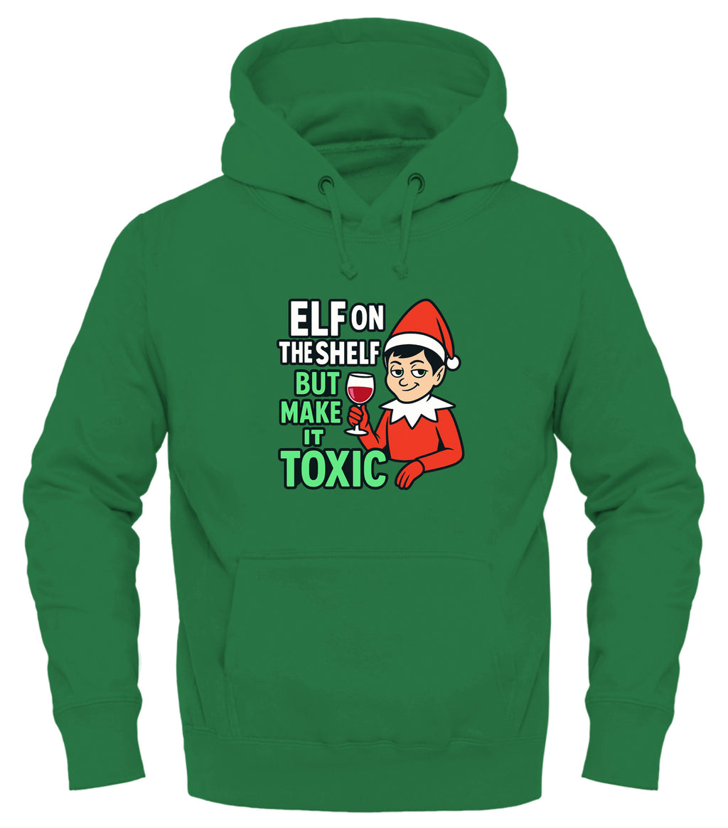 Green hoodie featuring a Toxic Elf on the Shelf graphic with playful text and a cheerful character