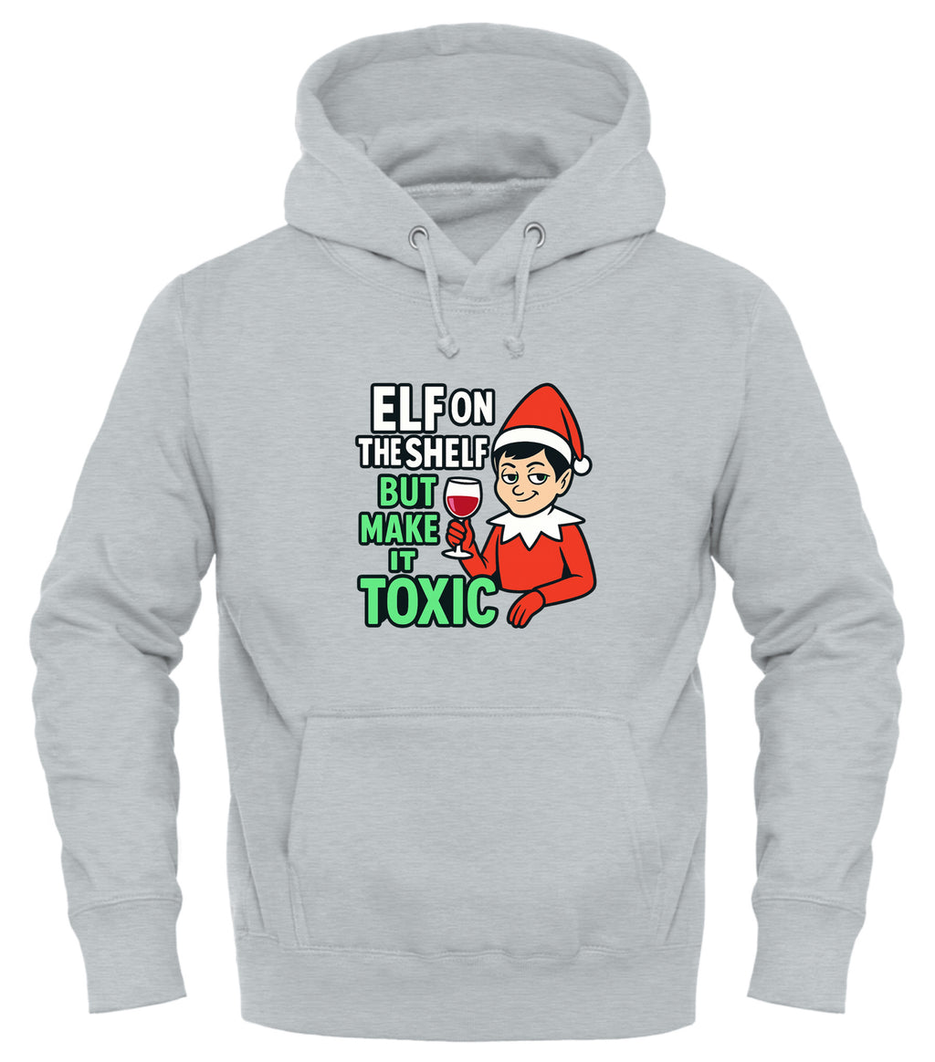 Light grey toxic elf on the shelf hoodie featuring a playful graphic and festive design