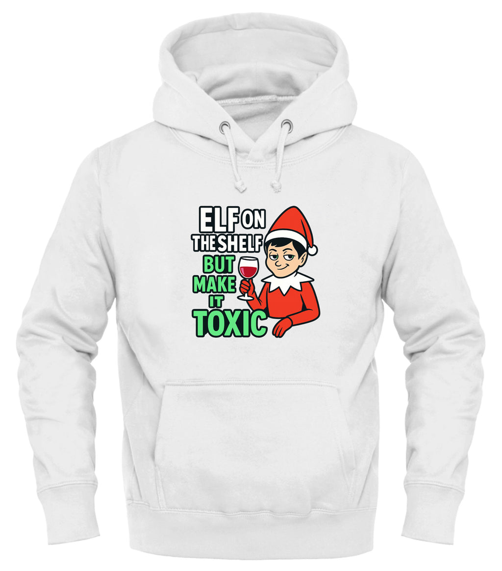White toxic elf on the shelf hoodie featuring a playful design with text and character