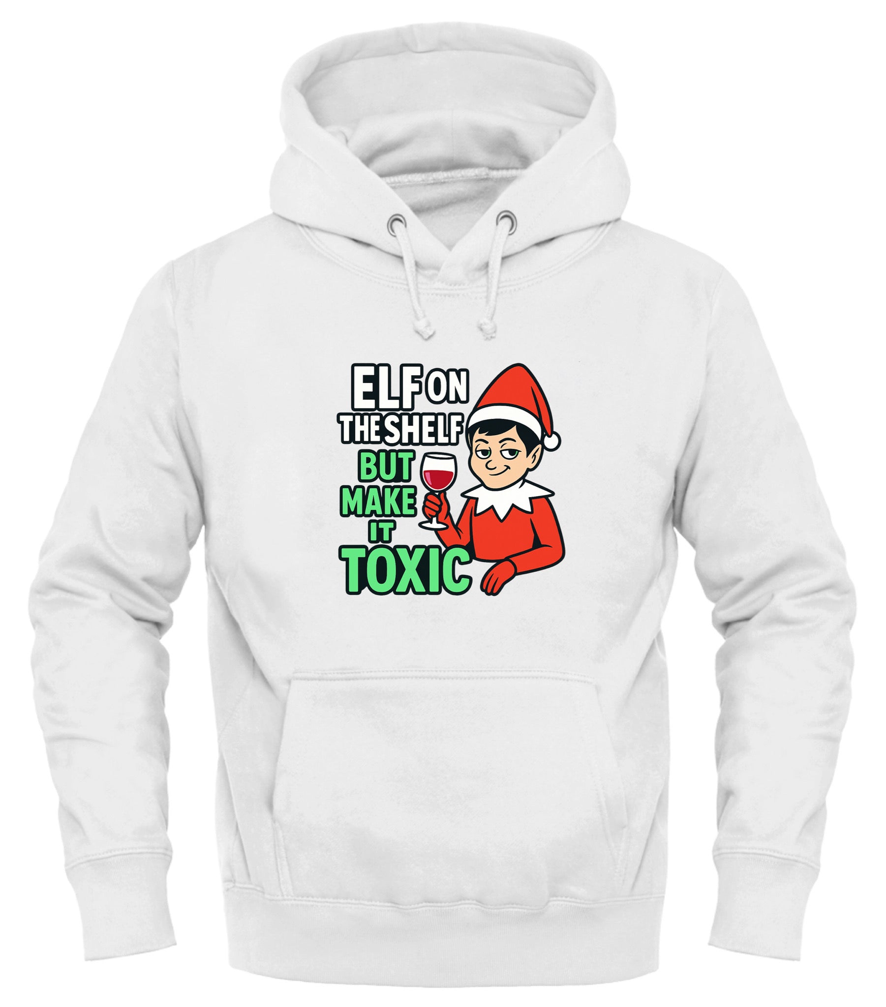 White toxic elf on the shelf hoodie featuring a playful design with text and character