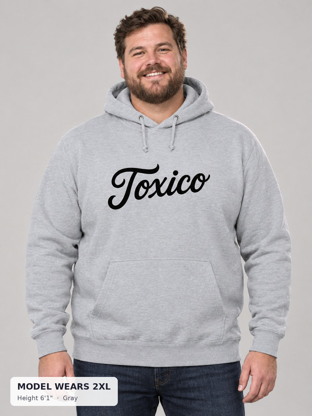 Toxico Hoodie in Gray on a plus-size model wearing size 2XL, 6'1" - Good Trouble Fashion