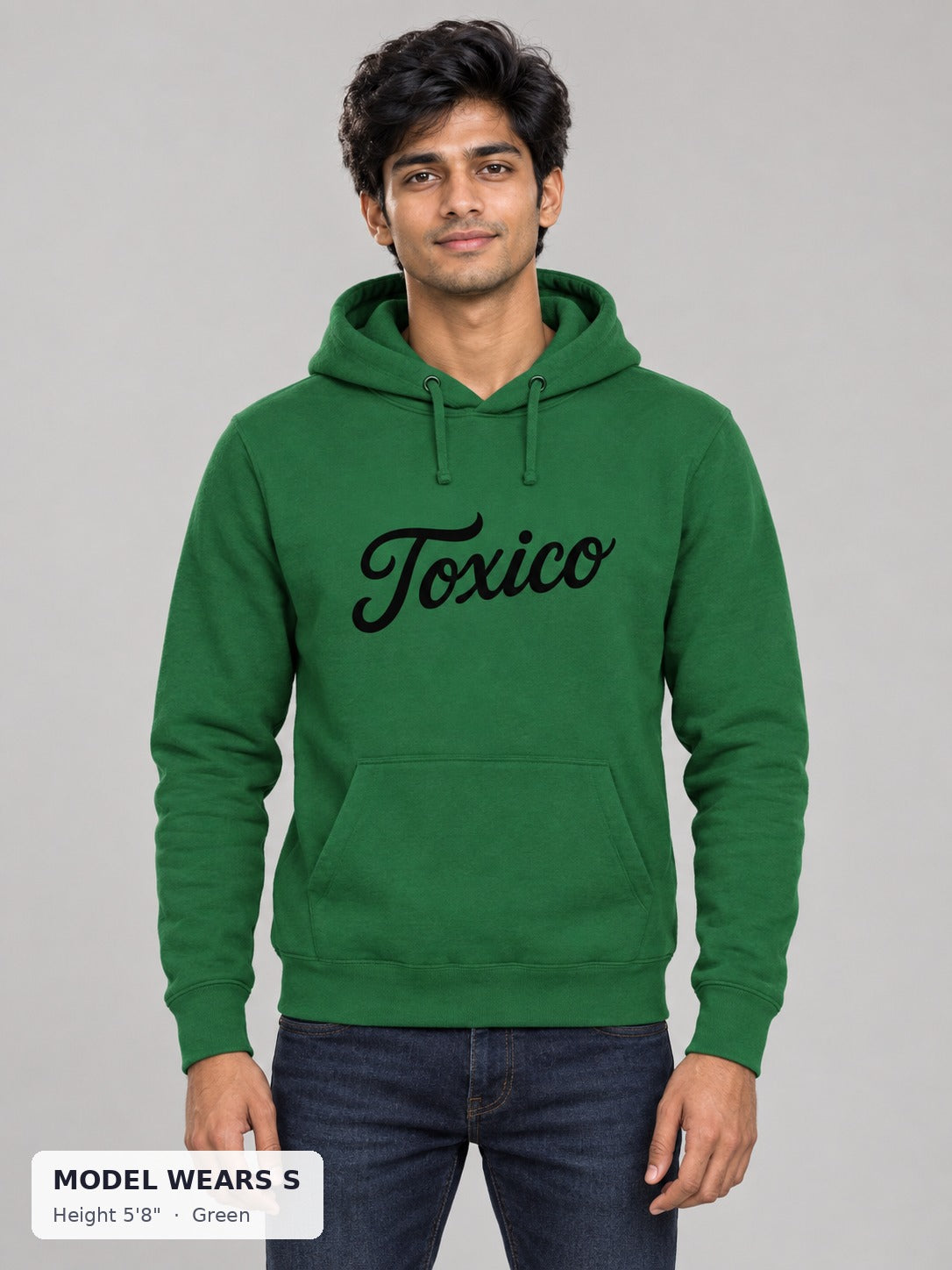 Toxico Hoodie in Green on a slim model wearing size S, 5'8" - Good Trouble Fashion