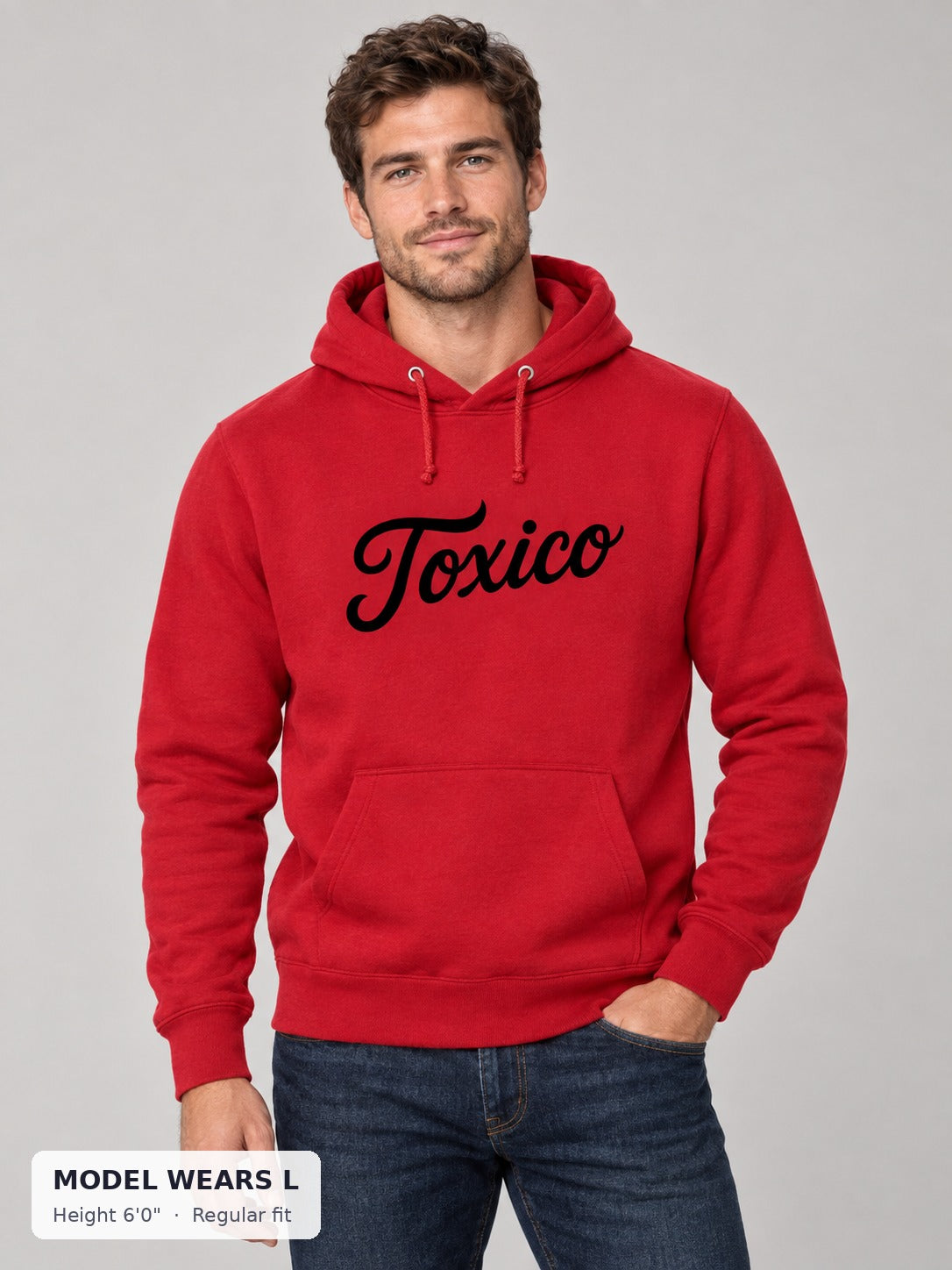 Toxico Hoodie on an athletic model wearing size L, 6'0" - Good Trouble Fashion