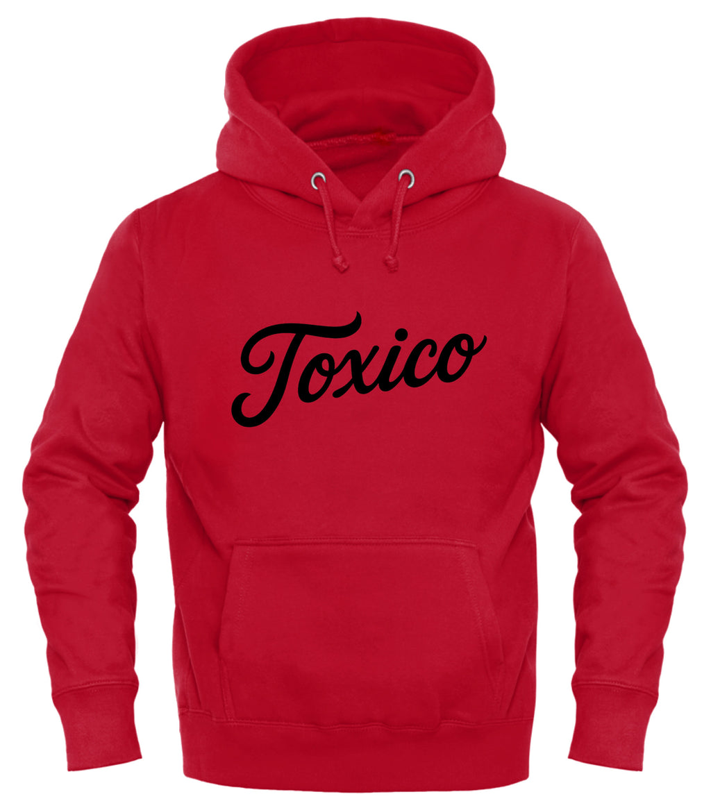 Red Toxico hoodie by Good Trouble Garments with stylish scripted design and front pocket