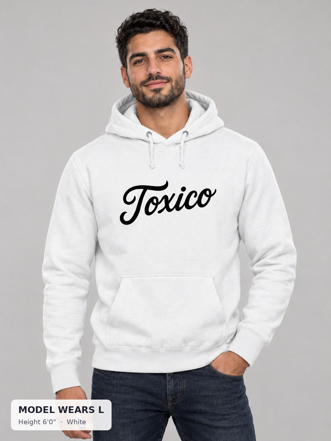 Toxico Hoodie in White on an athletic model wearing size L, 6'0" - Good Trouble Fashion