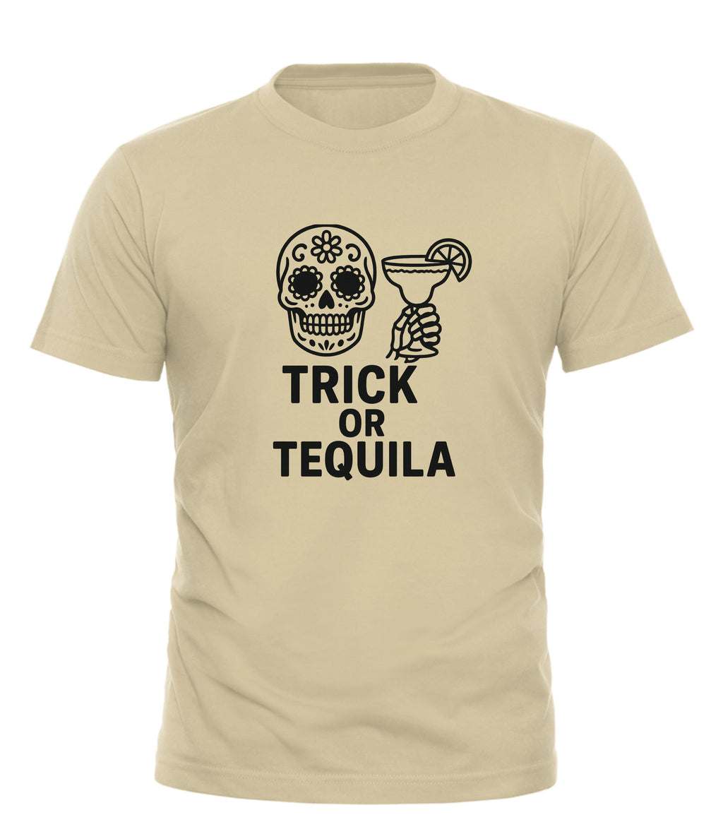 Good Trouble Garments Trick or Tequila Halloween shirt with skull and margarita glass graphic