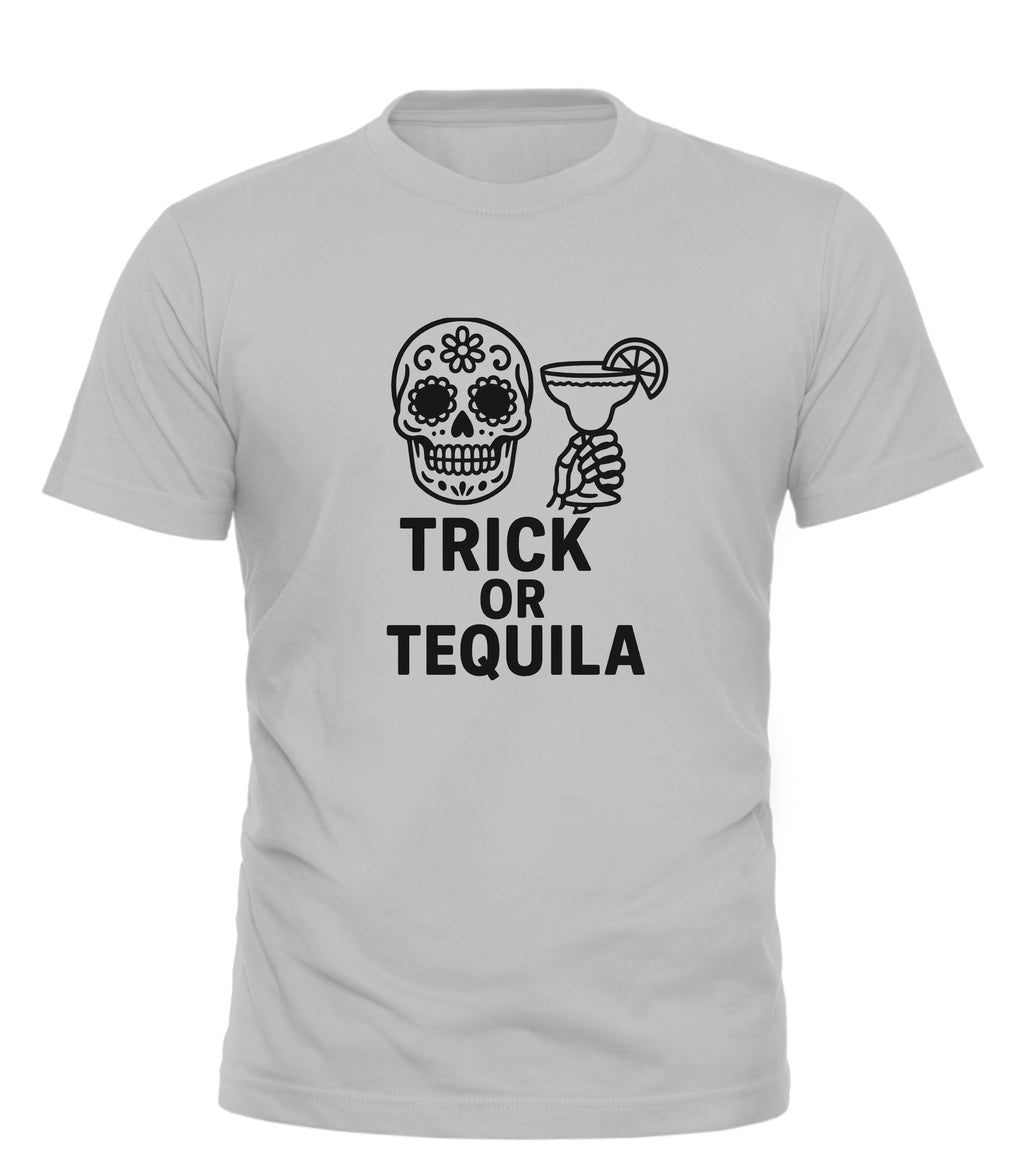 Good Trouble Garments Trick or Tequila Halloween shirt with skull and margarita glass design