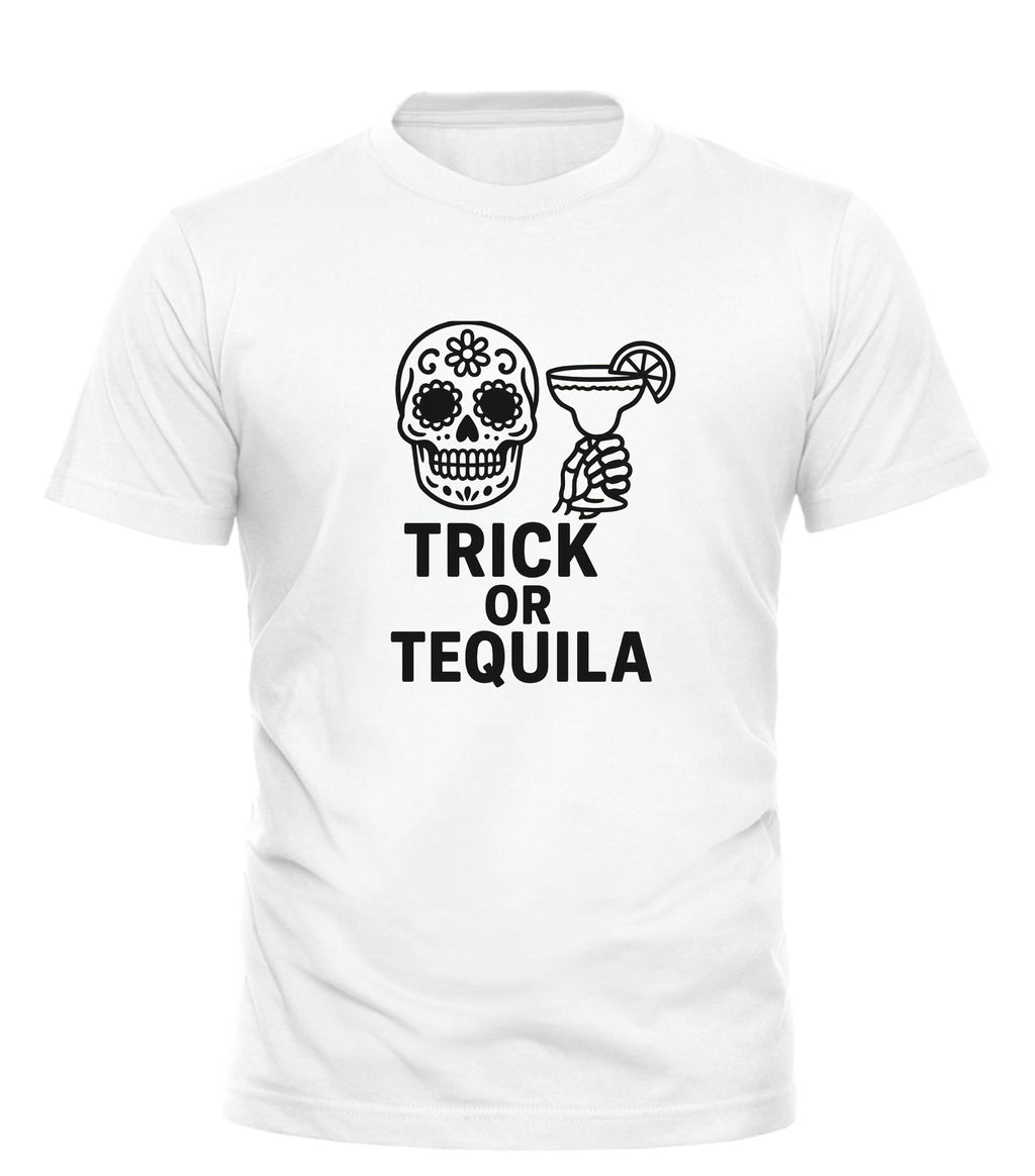 White Good Trouble Garments Trick or Tequila Halloween shirt with skull and margarita glass design