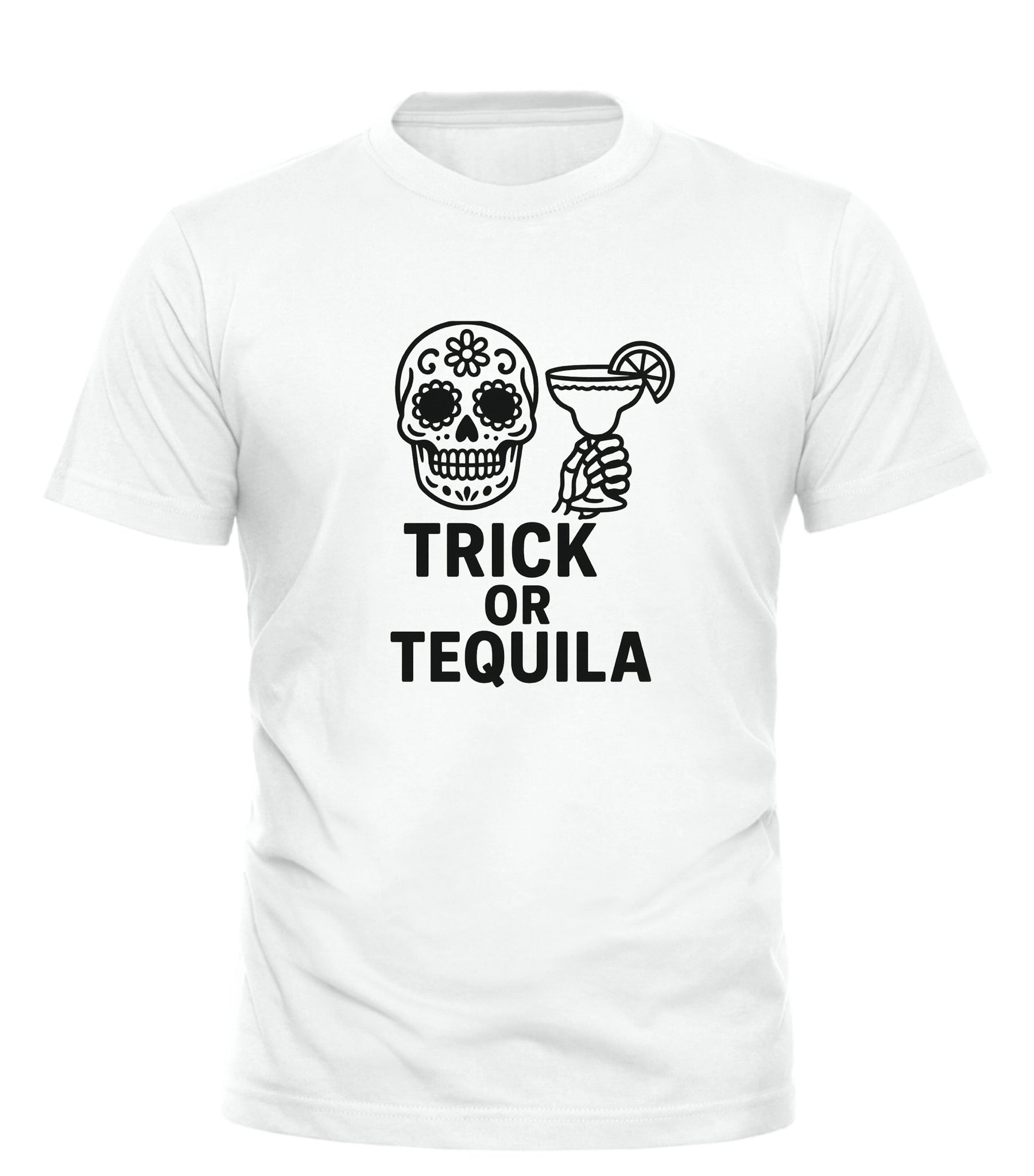 White Good Trouble Garments Trick or Tequila Halloween shirt with skull and margarita glass design